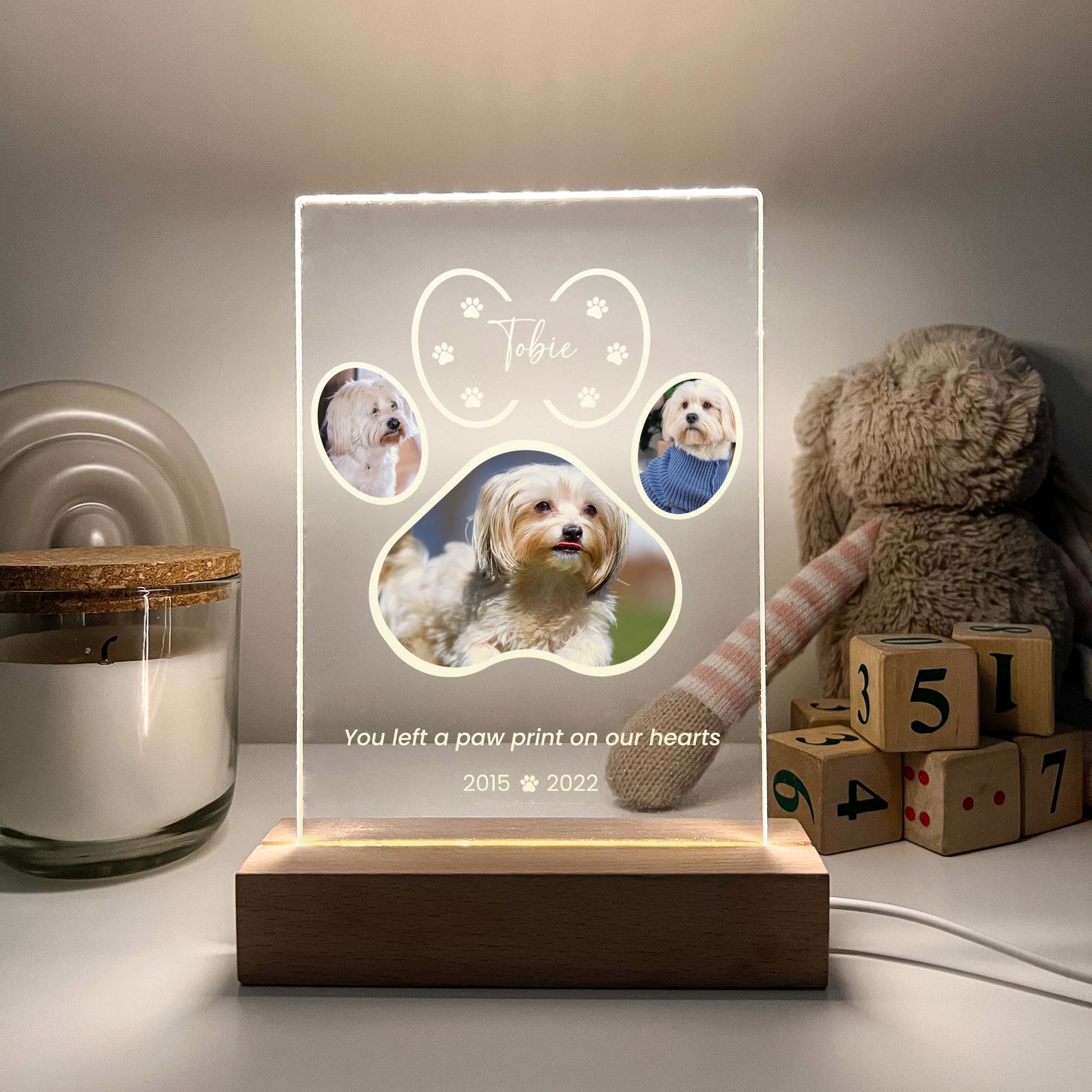 LED Light Up Pet Paw Memorial Plaque with Wooden Base, Pet Memorial Night Light, Personalized Gifts for Pet Loss, Custom Pet Photo, Custom Pet Memorial Gifts