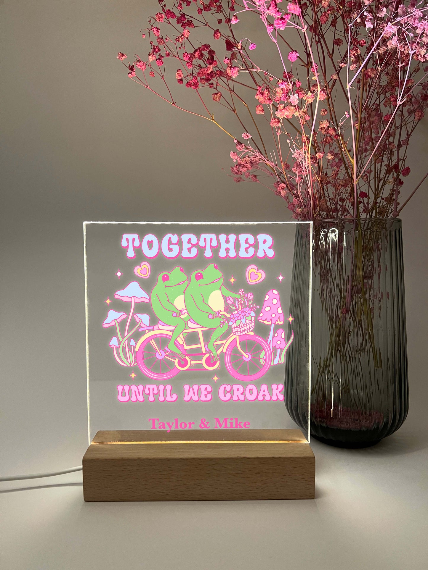 Personalized Love Together Frogs Wood Desk Stand Light Up LED Lamp, Heart Valentines Gift, Couples gift, Gift for Her, Anniversary Gift