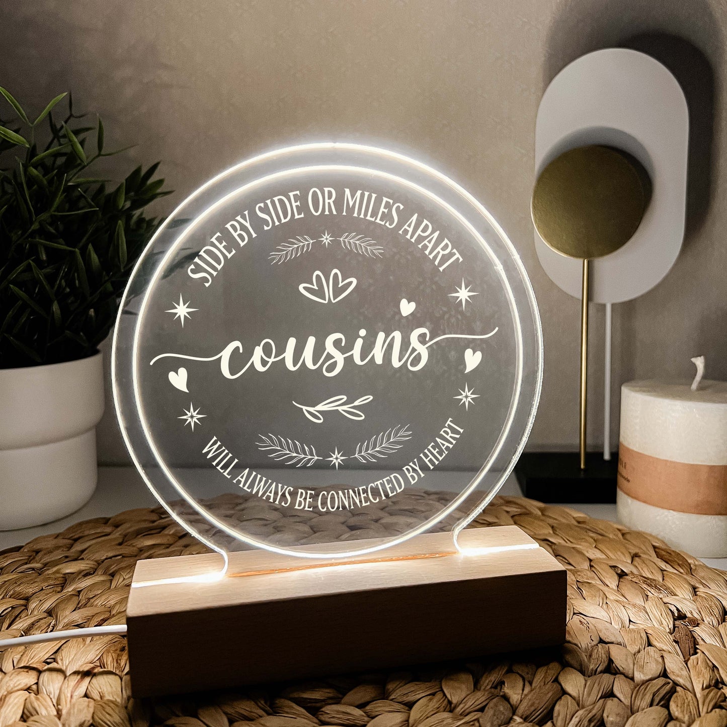 Siblings Long Distance Gift, Side By Side or Miles Apart, Night Light LED, Wooden Base