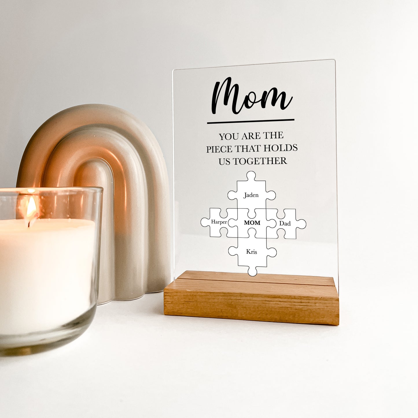 Personalized Custom Wood Stand Gifts For Mom Puzzle Piece You are the piece that holds us together & Children's Name