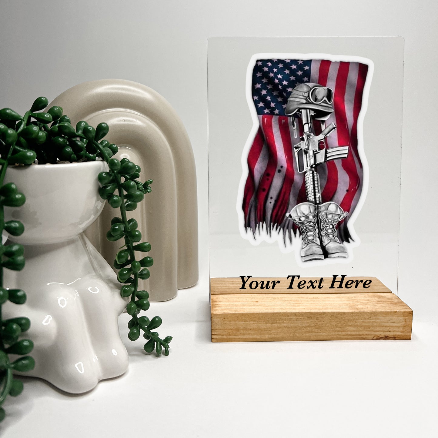 In Loving Memory Fallen Soldier stand with Wooden Base, Condolence Remembrance Loss, Fallen Soldier, Military, American Flag, Warrior, Heroes, Memorial Gift