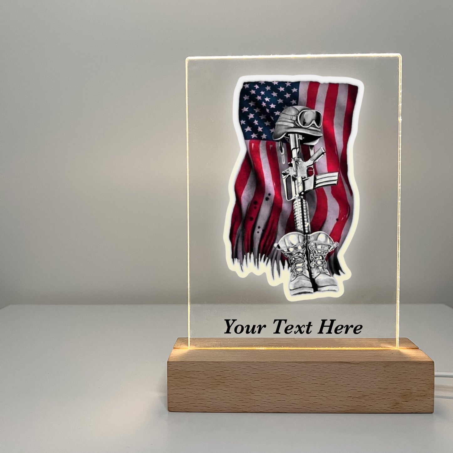 In Loving Memory Fallen Soldier LED Light with Wooden Base, Condolence Remembrance Loss, Fallen Soldier, Military, American Flag, Warrior, Heroes, Memorial Gift