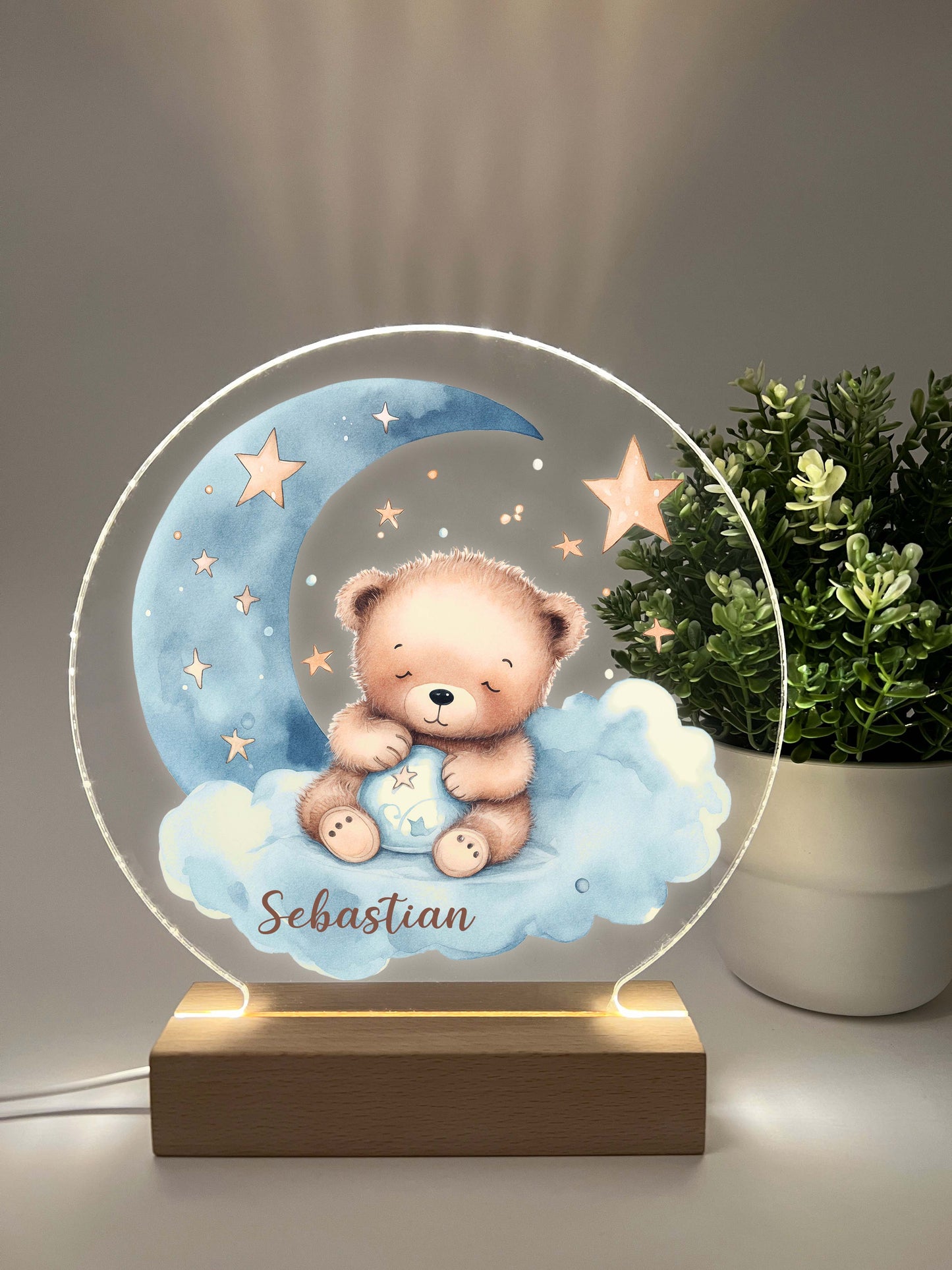 Personalized Cute Baby Blue Sleeping Bear Night LED Lamp For Kids Room, Cute Baby Gift, Custom Girls Boys Night Light, Nursery Decor, Night Light Gift, not arched