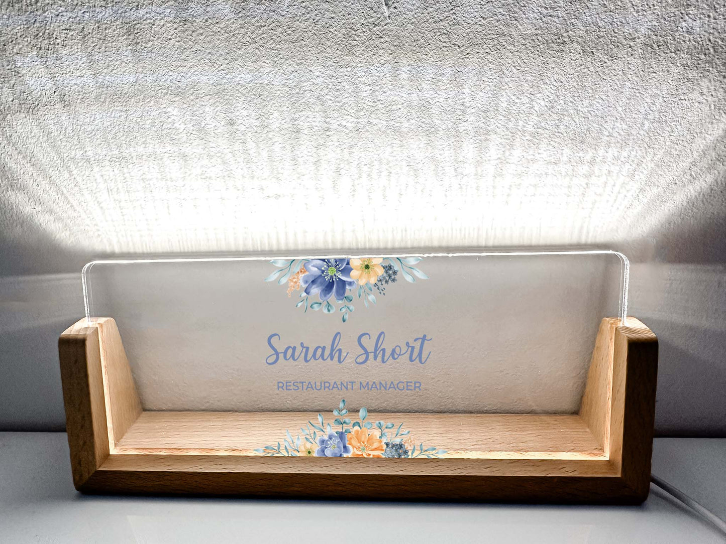 Personalized Desk Name Plate With Wooden Base and blue flowers, Lighted LED Light Nameplate, Desk Accessories, Office Gifts for Boss Coworkers, New Job Gifts