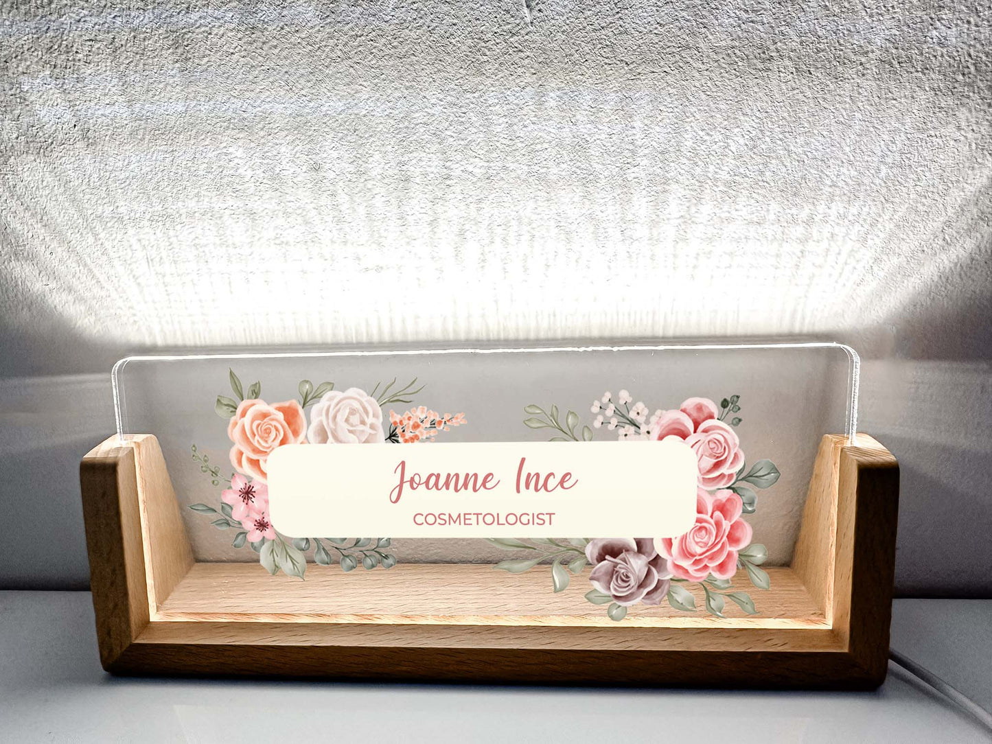 Personalized Desk Name Plate With Wooden Base, orange and red and pink flowers, Lighted LED Light Nameplate, Desk Accessories, Office Gifts for Boss Coworkers, New Job Gifts