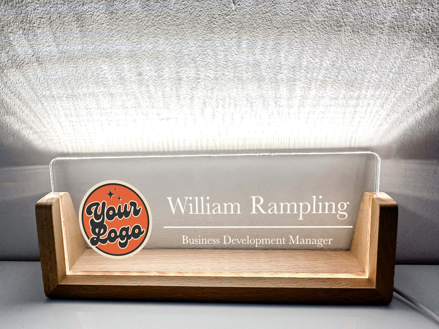 Personalized Name plate with wooden stand, LED lamp, Company Logo photo ,Lighted LED Light Nameplate, Desk Accessories, Office Gifts for Boss Coworkers, New Job Gift