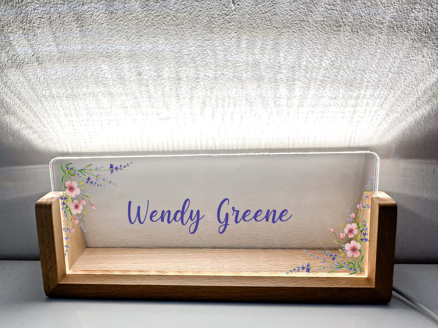 Personalized Desk Name Plate With Wooden Base, Purple colored flowers, Lighted LED Light Nameplate, Desk Accessories, Office Gifts for Boss Coworkers, New Job Gifts