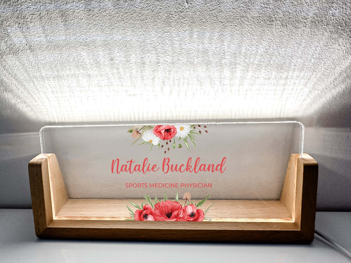 Personalized Desk Name Plate With Wooden Base and red flowers, Lighted LED Light Nameplate, Desk Accessories, Office Gifts for Boss Coworkers, New Job Gifts