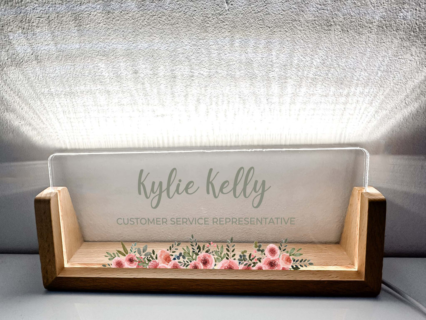 Personalized Desk Name Plate With Wooden Base, pink flowers on the bottom, Lighted LED Light Nameplate, Desk Accessories, Office Gifts for Boss Coworkers, New Job Gifts