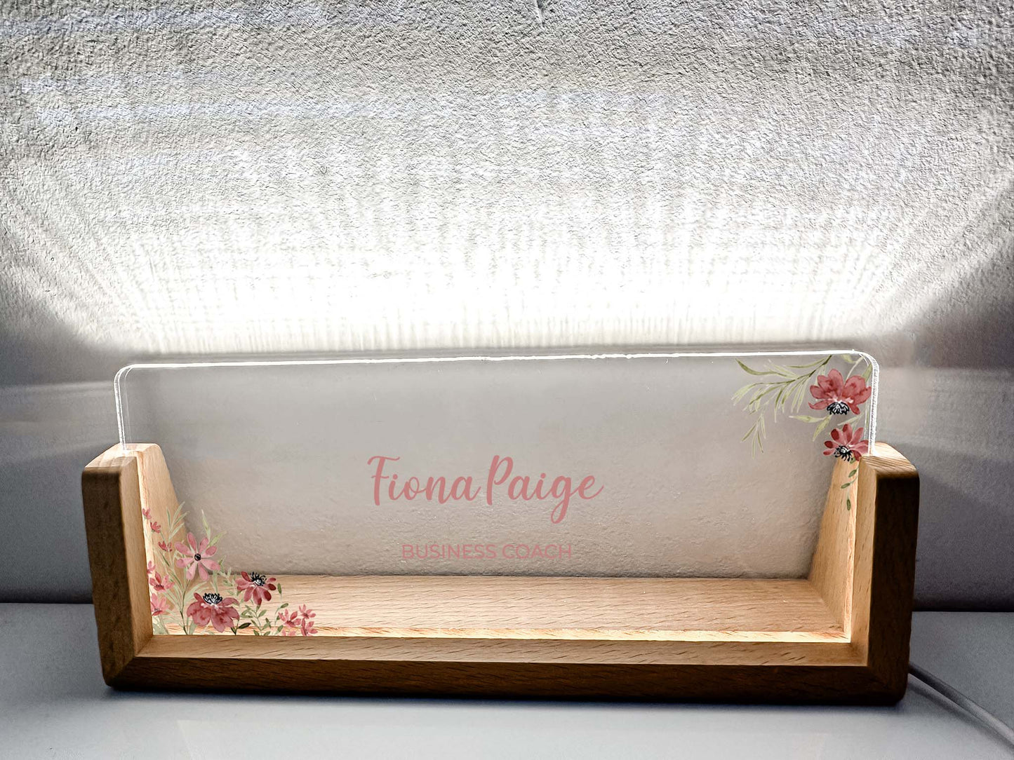 Personalized Desk Name Plate With Wooden Base and pink flower, Lighted LED Light Nameplate, Desk Accessories, Office Gifts for Boss Coworkers, New Job Gifts