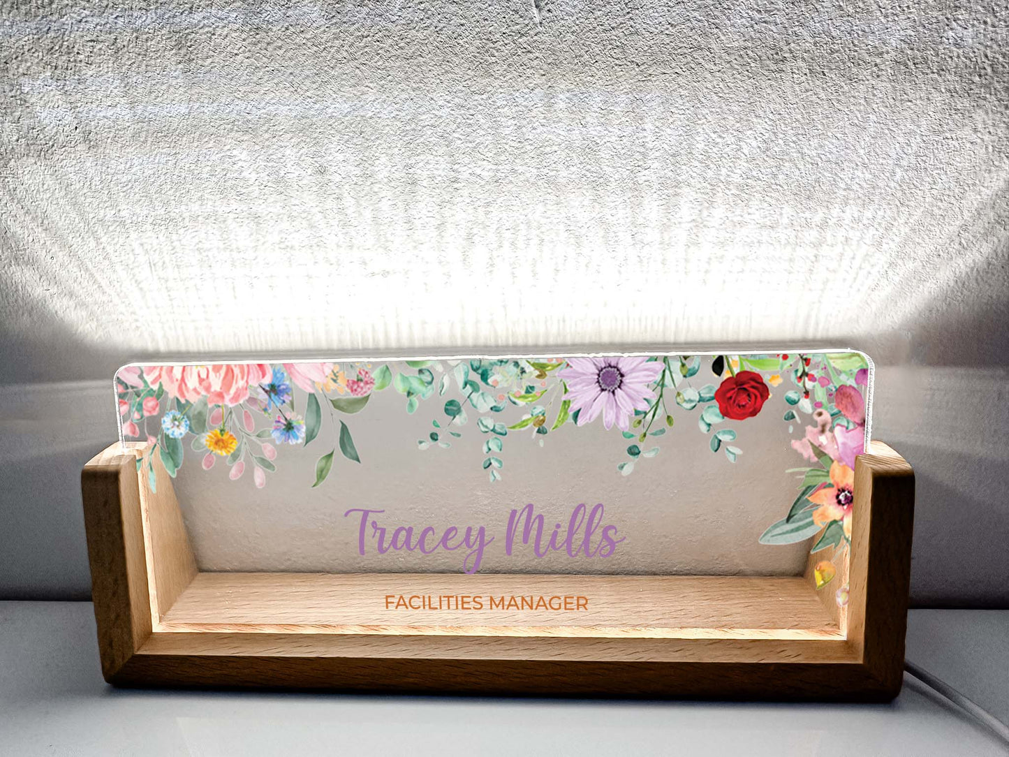 Personalized Desk Name Plate With Wooden Base, Different colored flowers, Lighted LED Light Nameplate, Desk Accessories, Office Gifts for Boss Coworkers, New Job Gifts