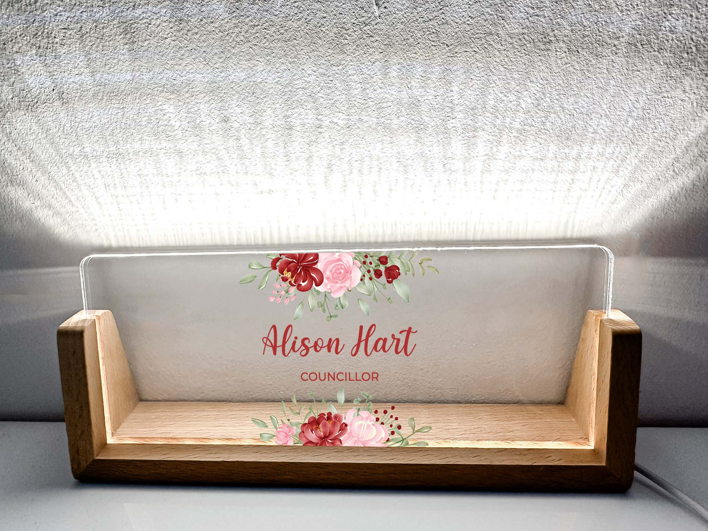 Personalized Desk Name Plate With Wooden Base and red and pink flowers, Lighted LED Light Nameplate, Desk Accessories, Office Gifts for Boss Coworkers, New Job Gifts