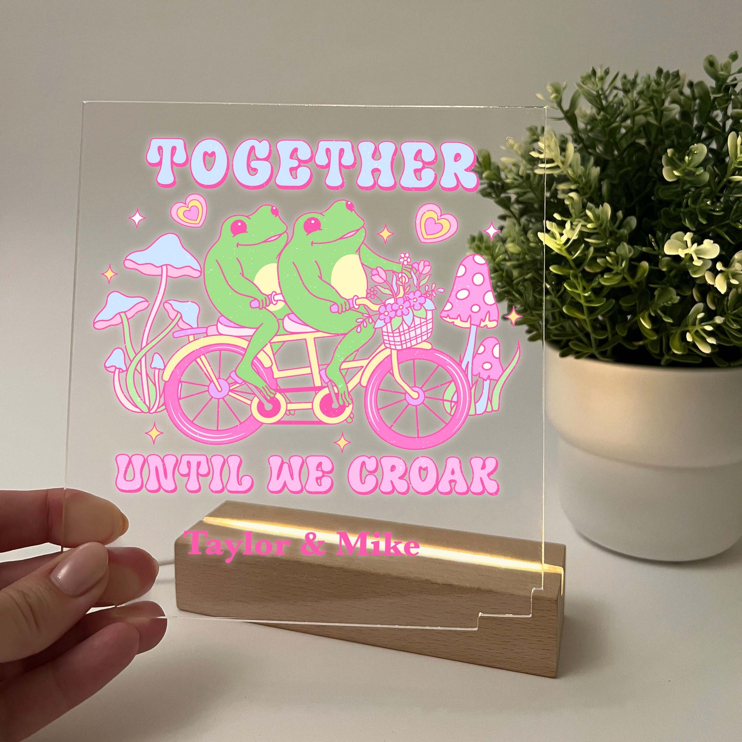 Personalized Love Together Frogs Wood Desk Stand Light Up LED Lamp, Heart Valentines Gift, Couples gift, Gift for Her, Anniversary Gift