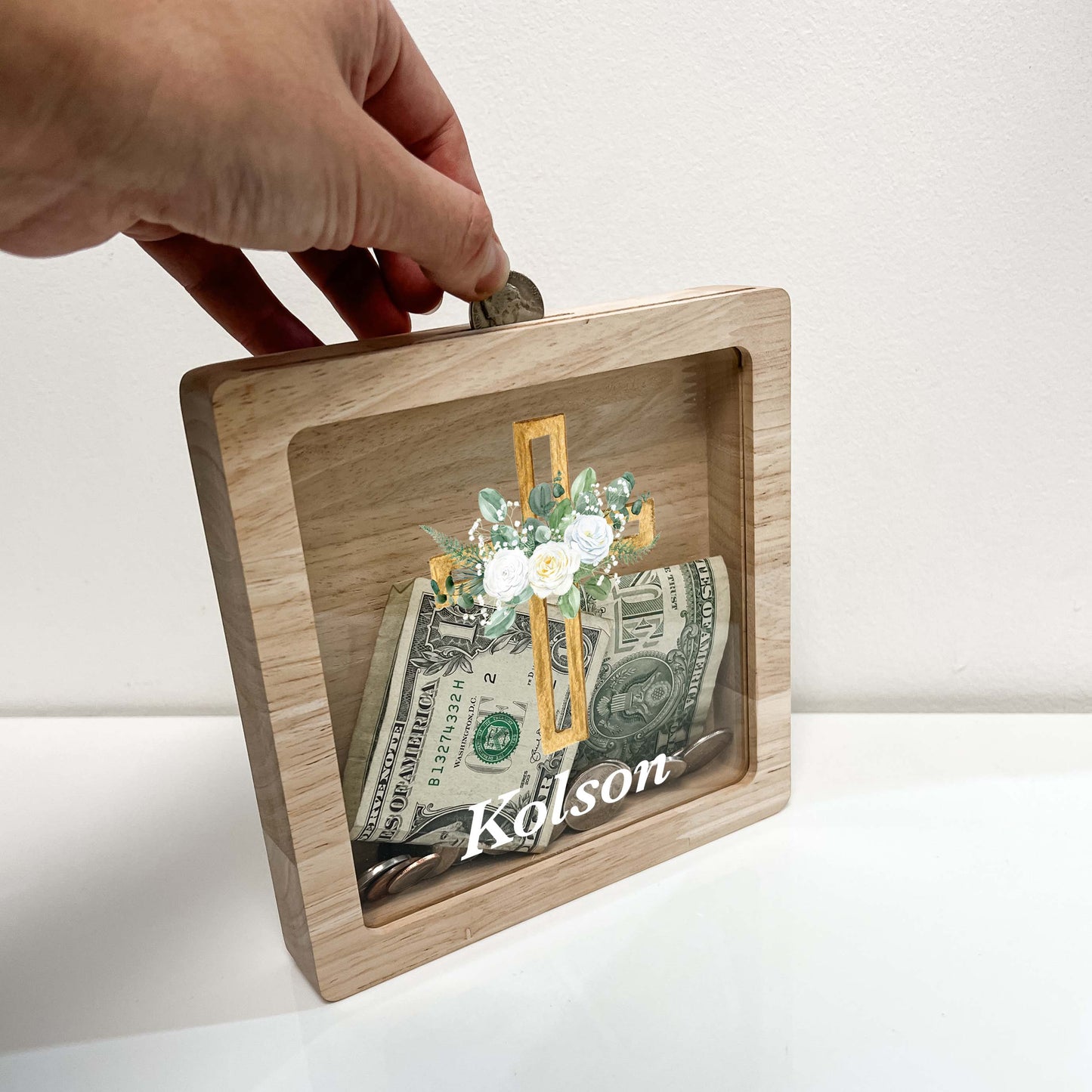 Personalized White Flowers Baptism Savings Banks