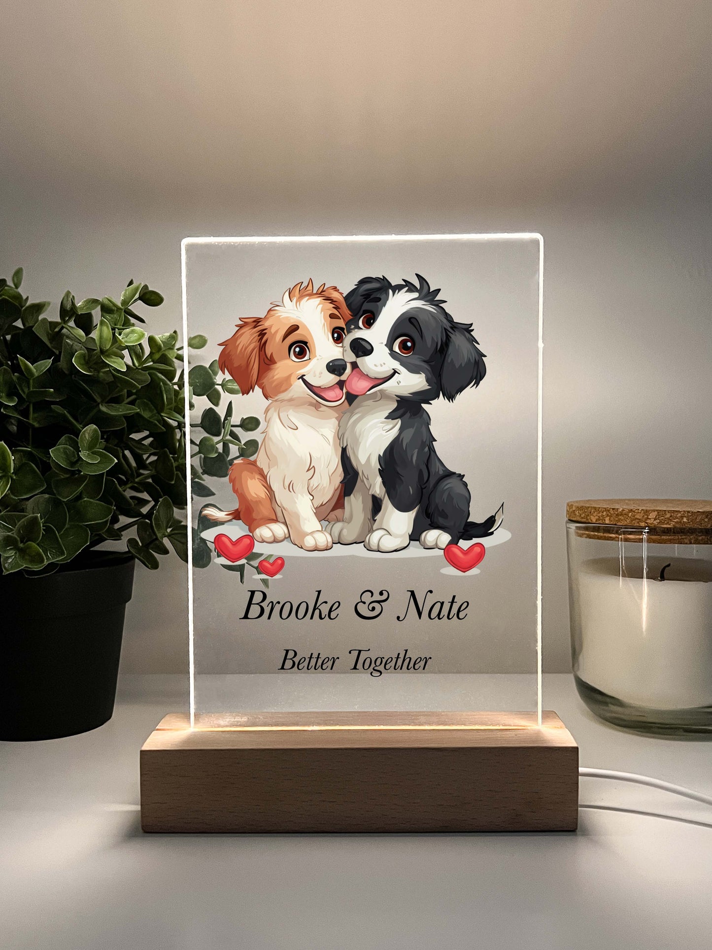 Personalized Love Dog Better Together Desk Stand Light Up LED Lamp with Wooden Base, Valentines Gift, Couples gift, Gift for her, Anniversary Gift