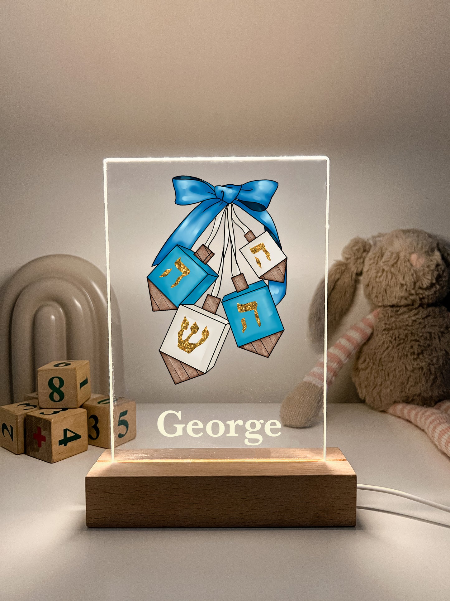 Personalized Dreidel Judaica LED Light Up Desk Lamp Wood Stand