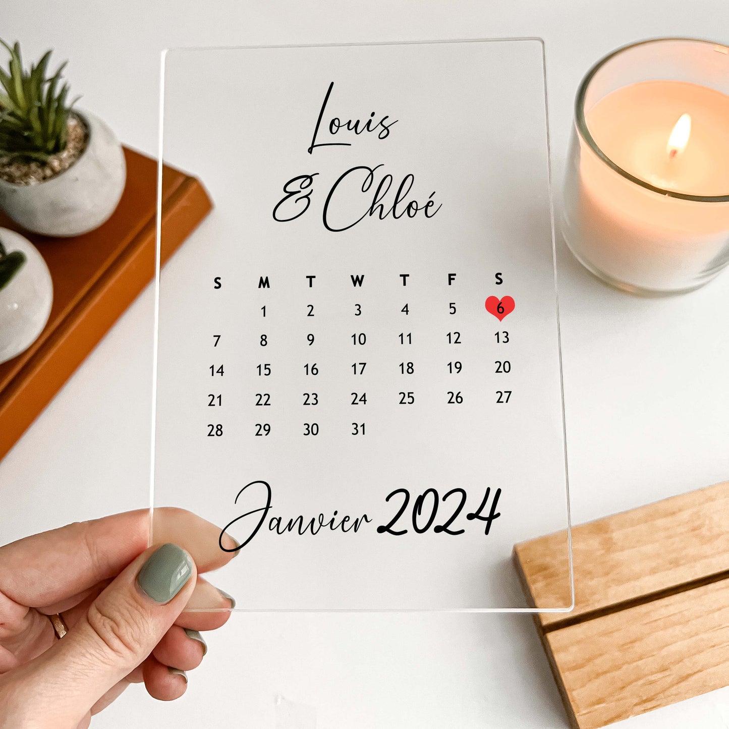 Personalized Anniversary Calendar with Wooden Desk Stand, Wedding Couples, Date, Month, Memories, Gifts