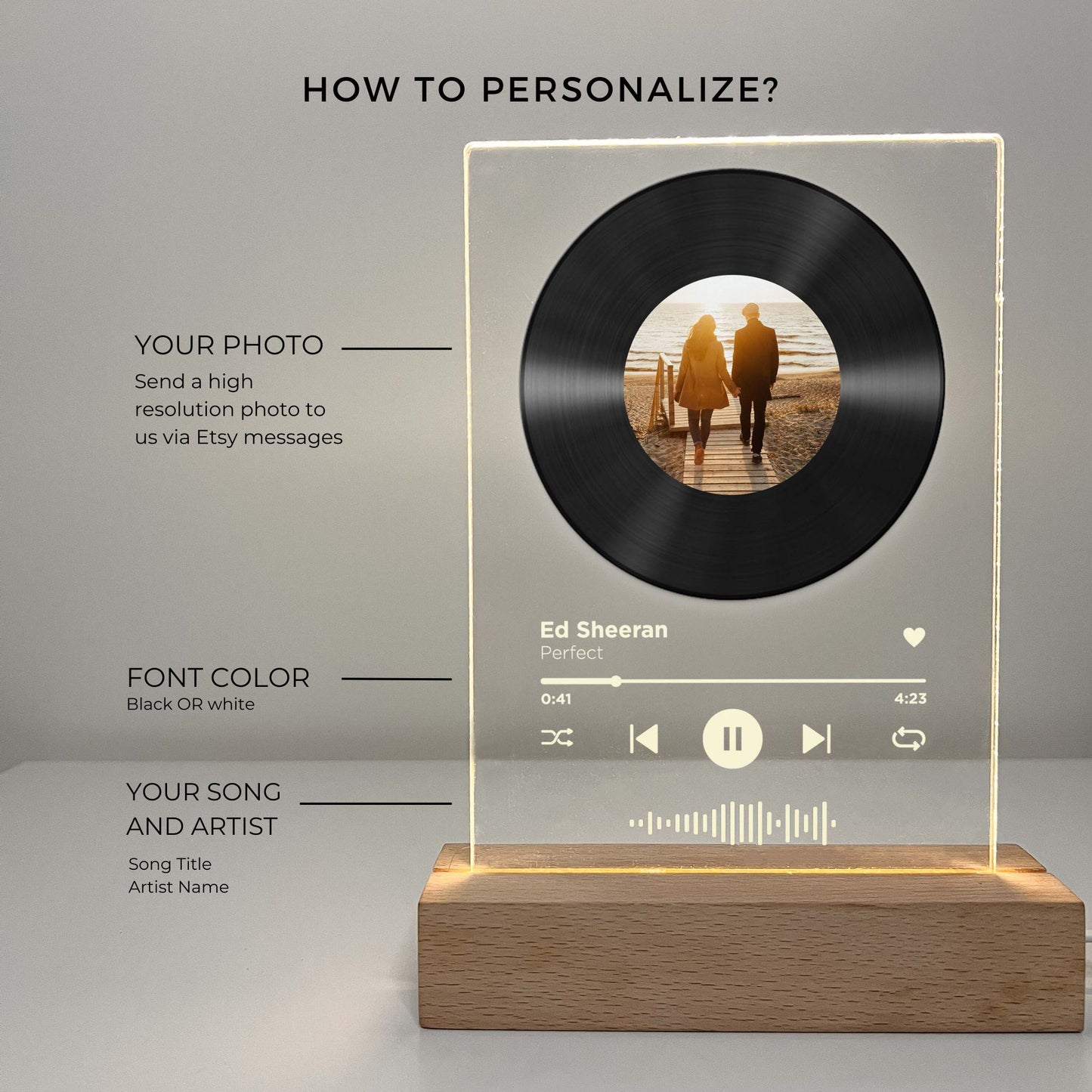 Personalized Picture Song Vinyl Record Night Light LED with Wooden Base, Valentines Day Gift Music Photo Plaque Engagement Gift, Valentines Gifts, Couple Gift