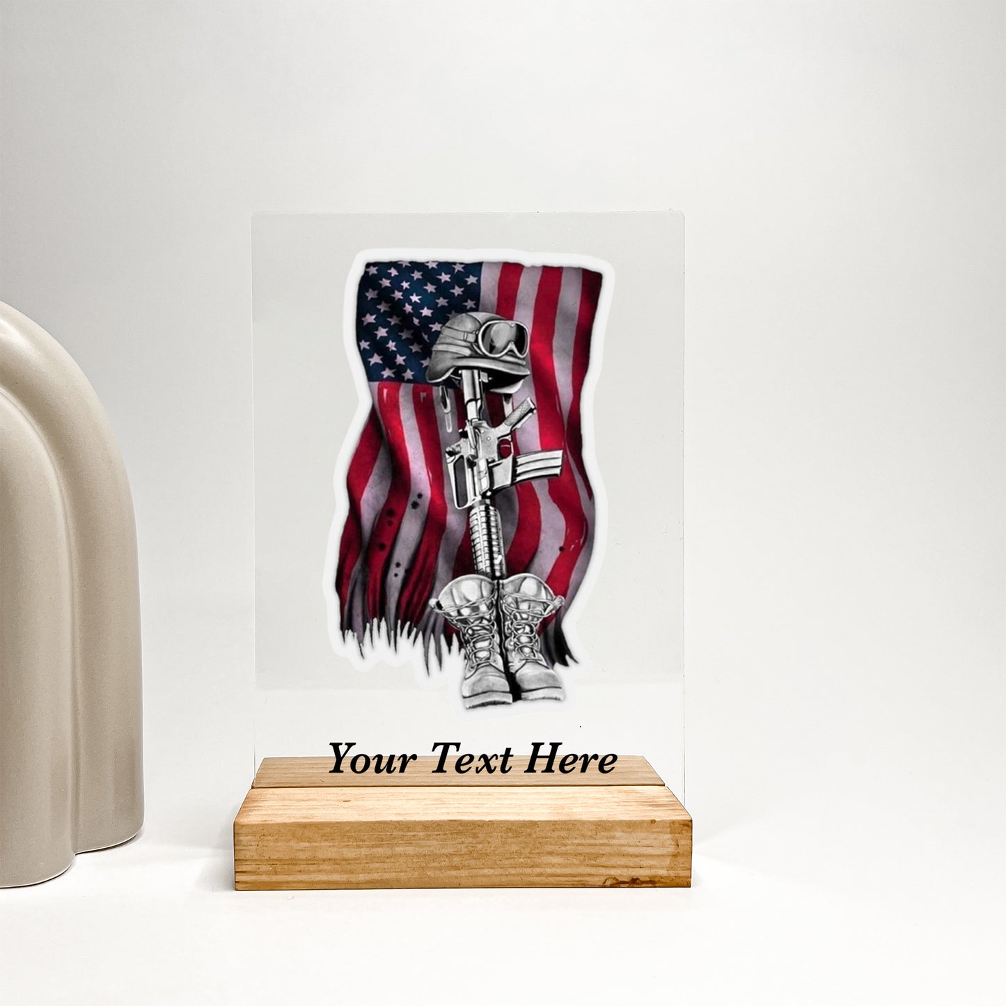 In Loving Memory Fallen Soldier stand with Wooden Base, Condolence Remembrance Loss, Fallen Soldier, Military, American Flag, Warrior, Heroes, Memorial Gift