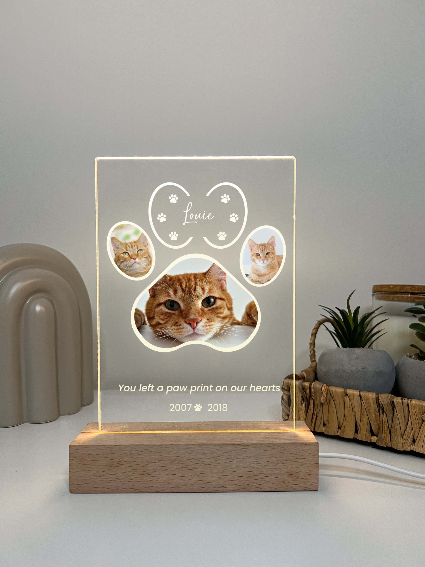 LED Light Up Pet Paw Memorial Plaque with Wooden Base, Pet Memorial Night Light, Personalized Gifts for Pet Loss, Custom Pet Photo, Custom Pet Memorial Gifts