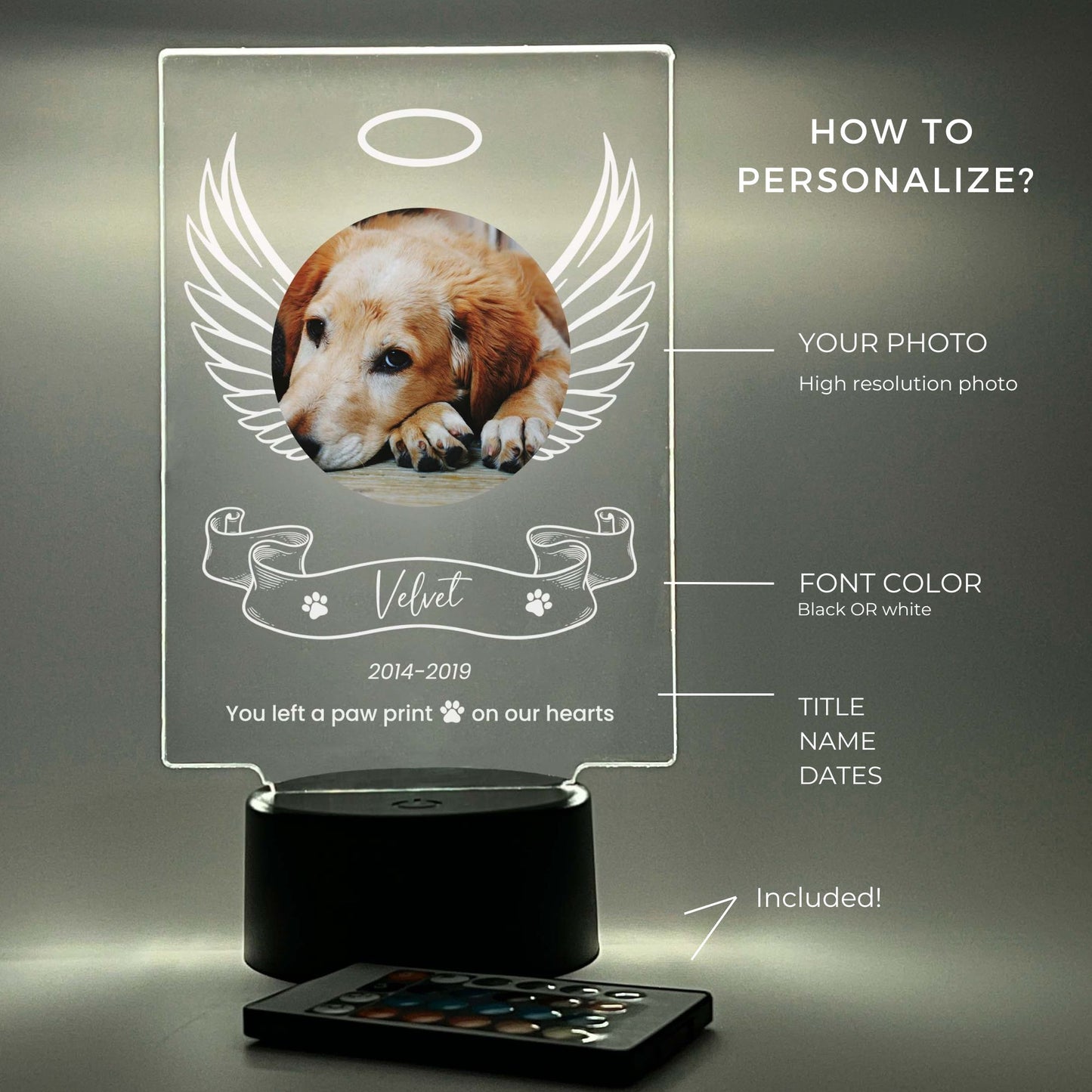 LED Light Up Pet Angel Wings Memorial Plaque, 16 Colors, Pet Memorial Night Light, Personalized Gifts for Pet Loss, Custom Pet Photo, Custom Pet Memorial Gifts
