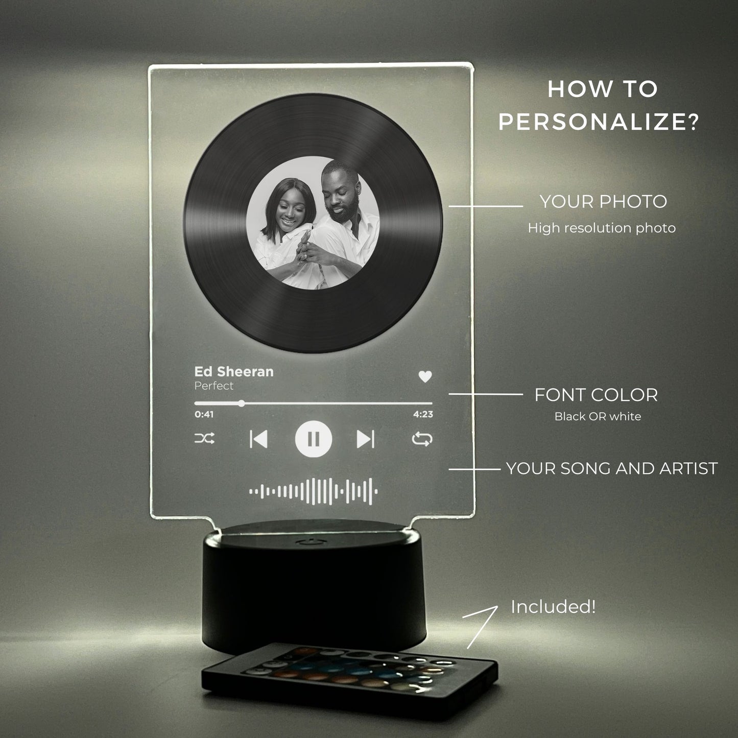 Personalized Picture Song Vinyl Record Night Light LED, 16 Colors, Valentines Day Gift Music Photo Plaque Engagement Gift, Valentines Gifts, Couple Gift