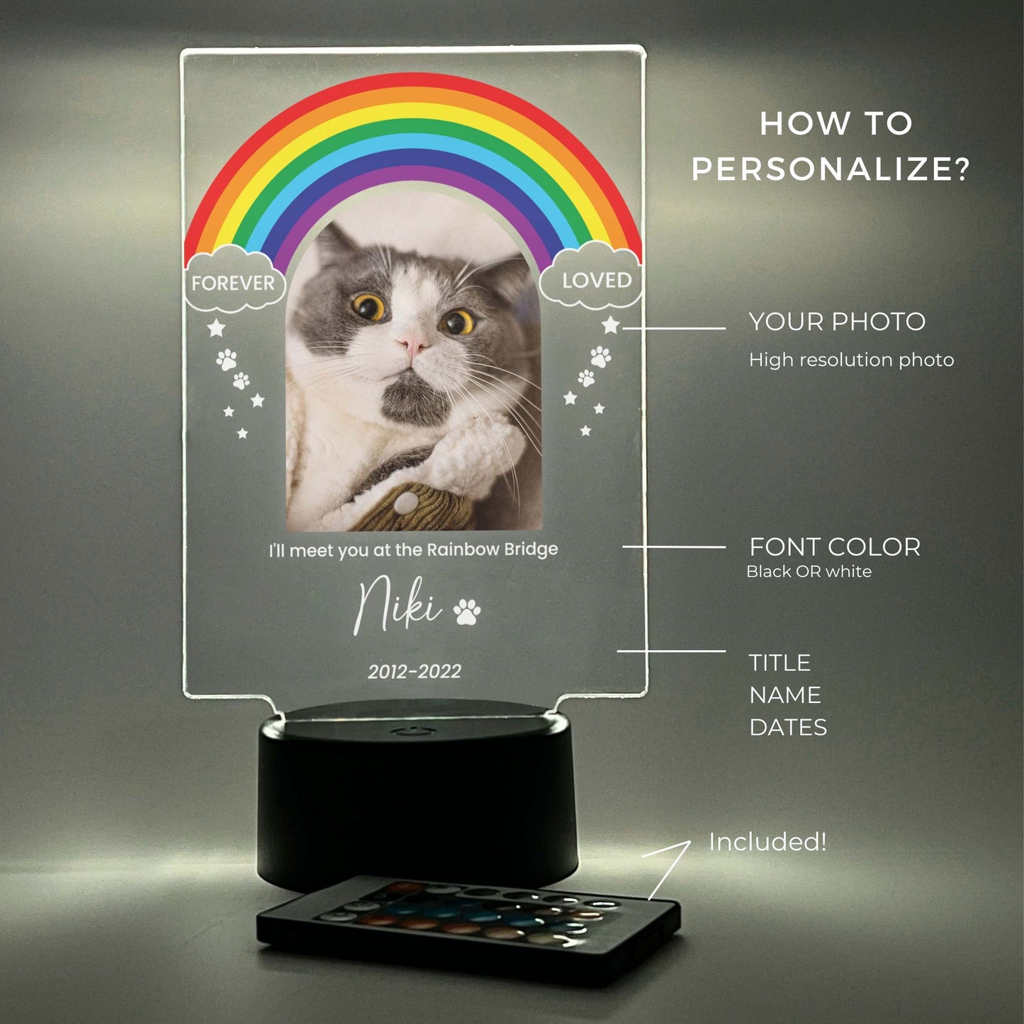 Pet Memorial Night Light with 16 Colors, Custom Pet Plaque, Pet Night Light, Custom Pet Photo, Pet Memorial Frame, Gifts for Pets, Cat Dog Loss Gift