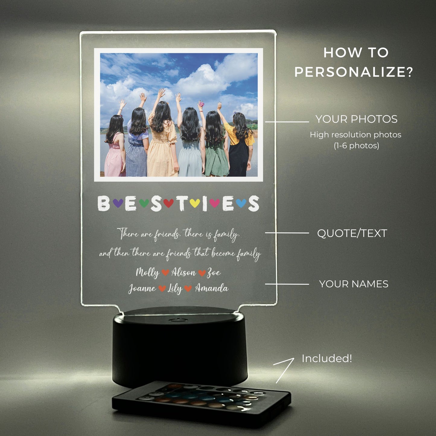 Custom Photo Picture Personalized LED Night Light, 16 colors, Best Friends, Besties Photo Gifts, Photo Gifts, Family, Birthday Gift for Friend