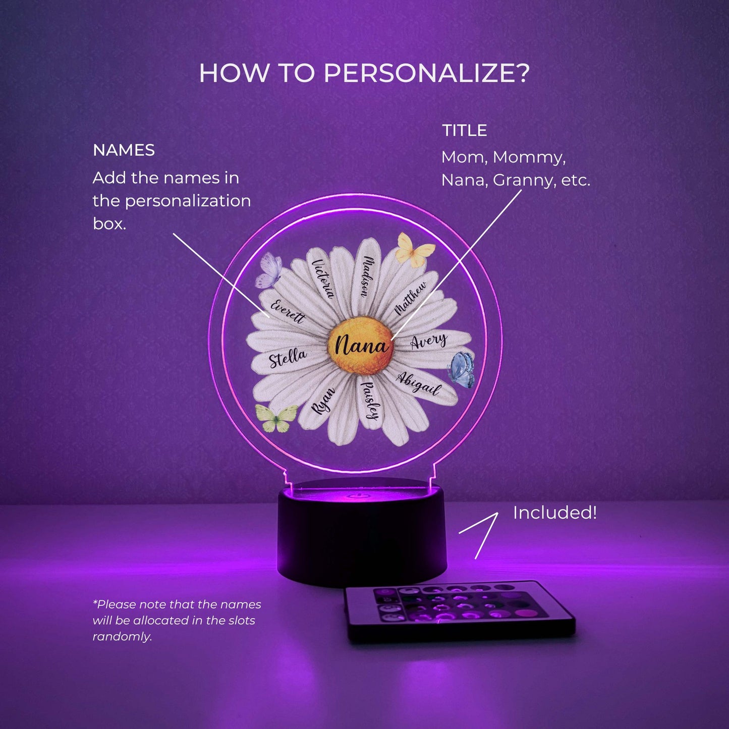 Custom 16 Colors LED Wood Stand Personalized Daisy Blossom Night Light Up Lamp for Moms & Grandmas, Children Names on Pedals With Remote