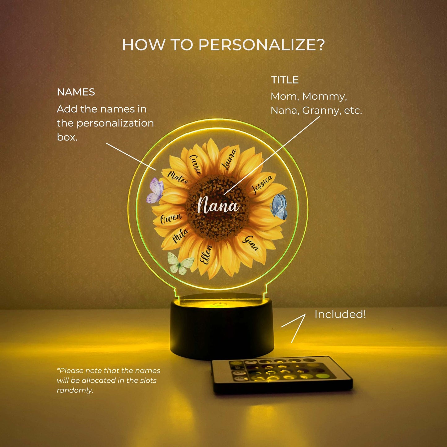 16 Colors LED Wooden Stand Personalized Sunflower Blossom Night Light Up Lamp for Moms & Grandmas, Children Names on Pedals With Remote