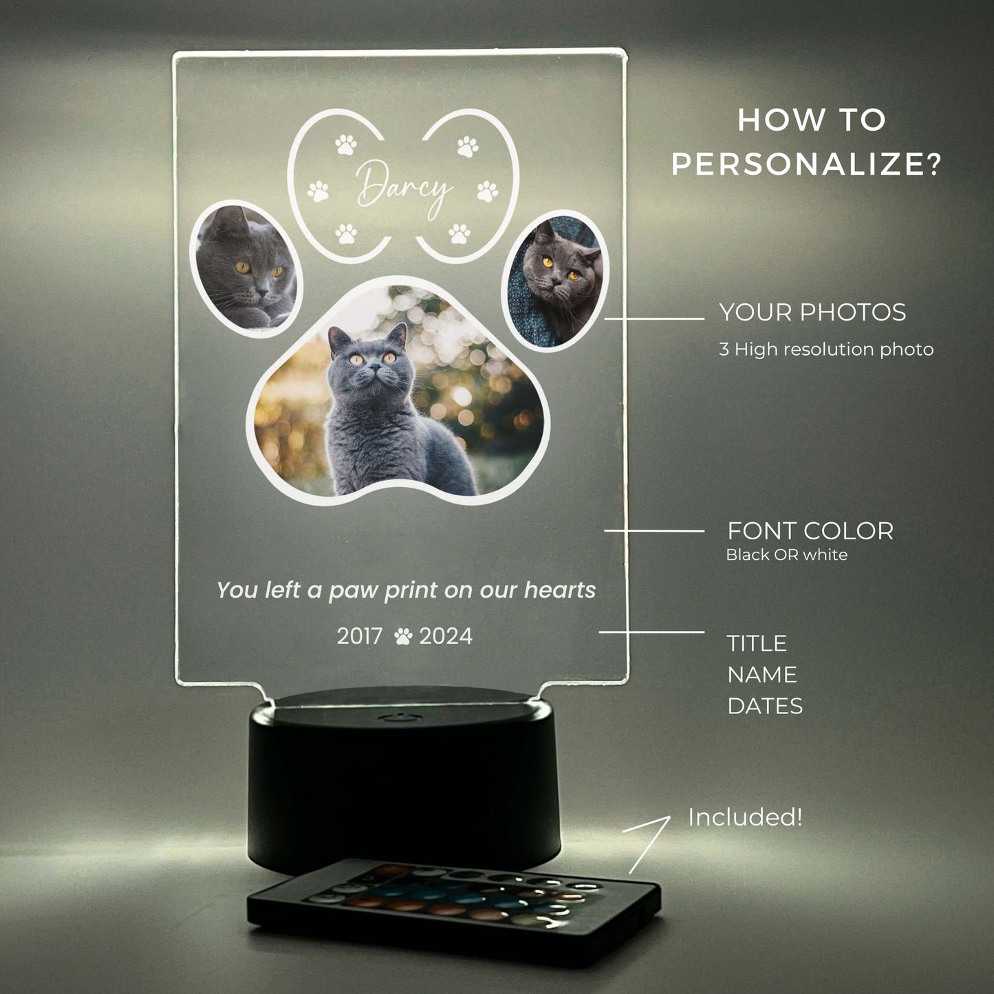 LED Light Up Pet Paw Memorial Plaque, 16 Colors, Pet Memorial Night Light, Personalized Gifts for Pet Loss, Custom Pet Photo, Custom Pet Memorial Gifts