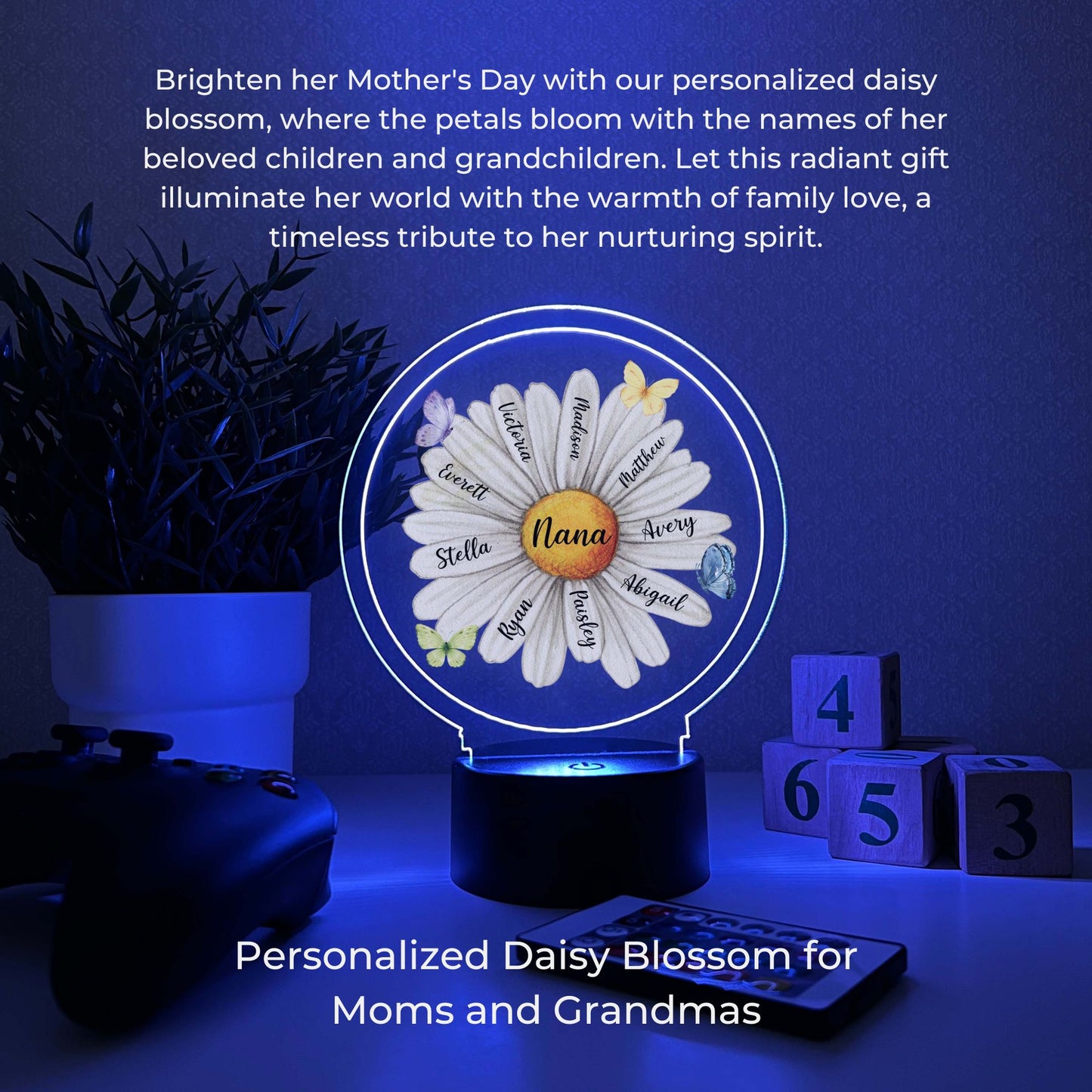 Custom 16 Colors LED Wood Stand Personalized Daisy Blossom Night Light Up Lamp for Moms & Grandmas, Children Names on Pedals With Remote