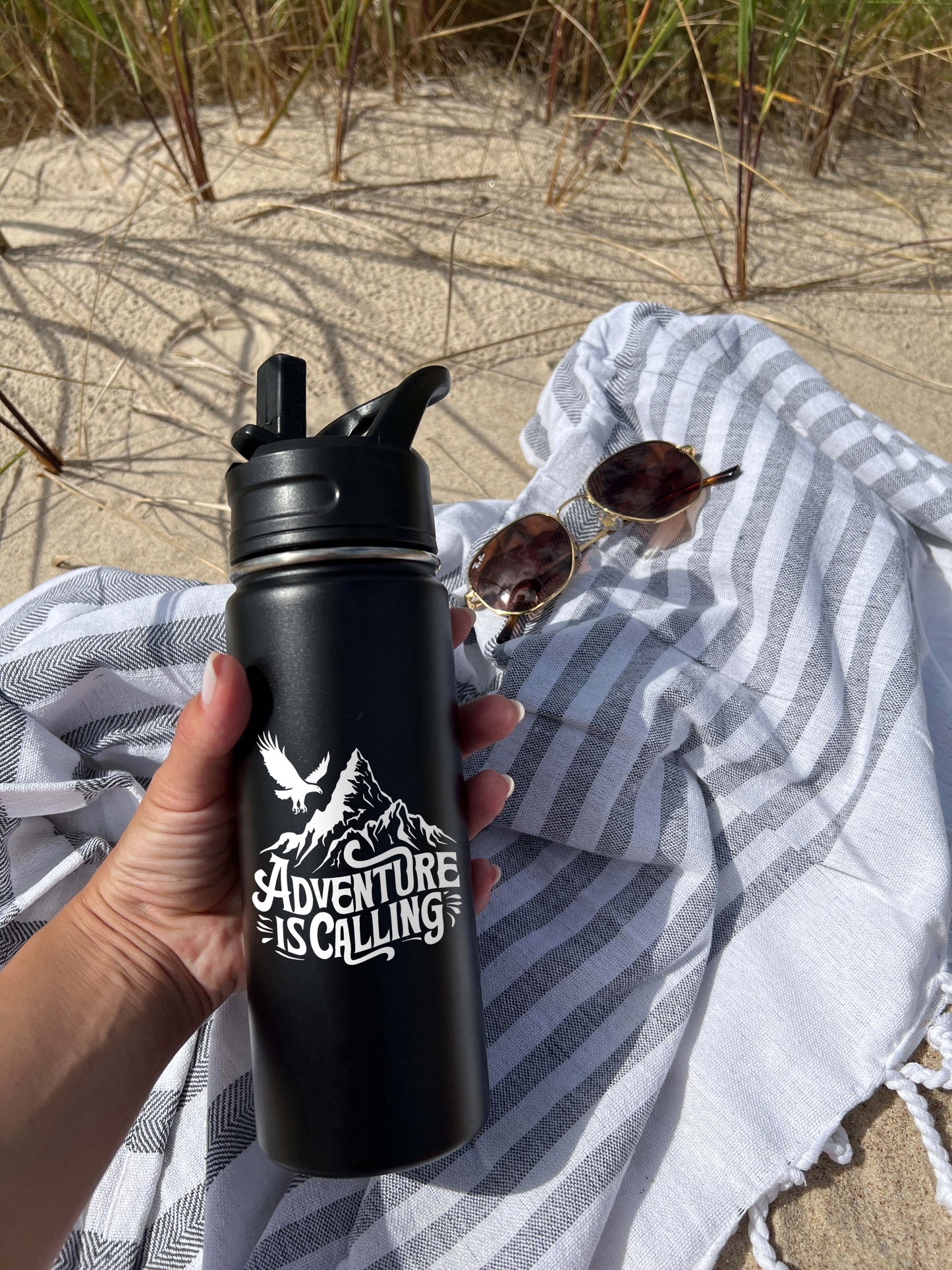 Adventure is Calling Sports Water Bottle 18/32 oz, Traveling, Stainless Steel Insulated Flasks, Custom Water Bottle, Name Bottle, Keeps Cold 24 Hrs