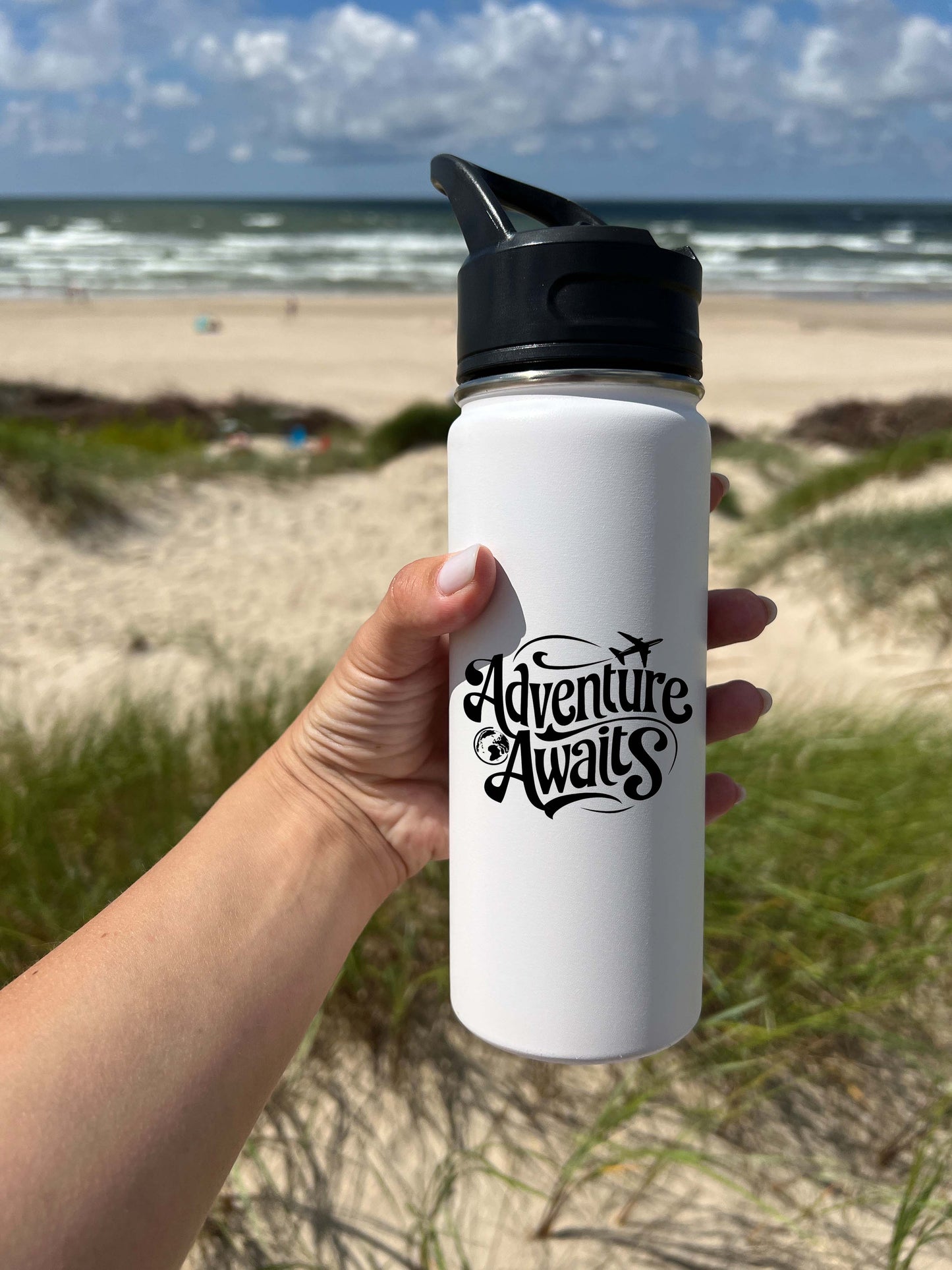 Adventure Awaits Sports Water Bottle 18/32 oz, Traveling, Stainless Steel Insulated Flasks, Custom Water Bottle, Name Bottle, Keeps Cold 24 Hrs
