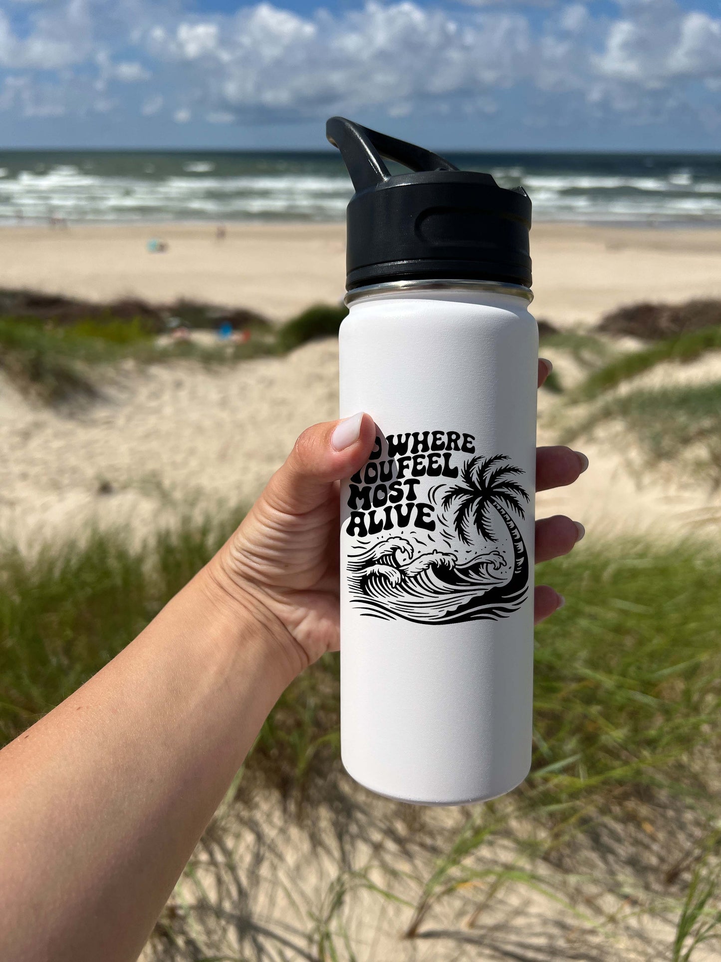 Palm tree and Wave Sports Water Bottle 18/32 oz, Stainless Steel Insulated Flasks, Custom Water Bottle, Name Bottle, Keeps Cold 24 Hrs