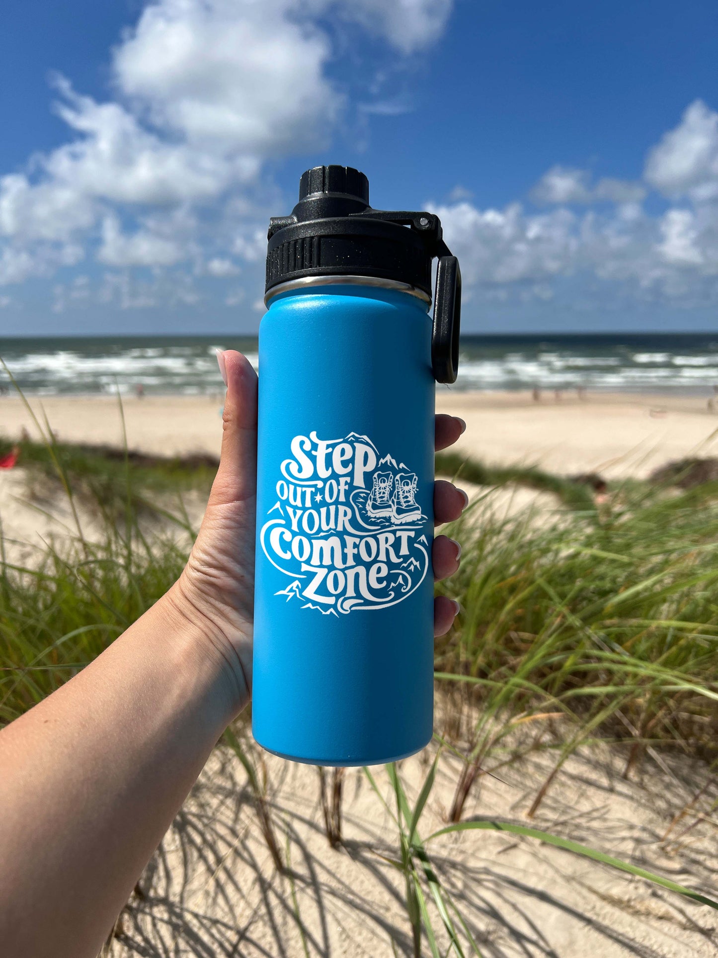 Step out of Comfort Zone Sports Water Bottle 18/32 oz, Traveling, Stainless Steel Insulated Flasks, Custom Water Bottle, Name Bottle, Keeps Cold 24 Hrs