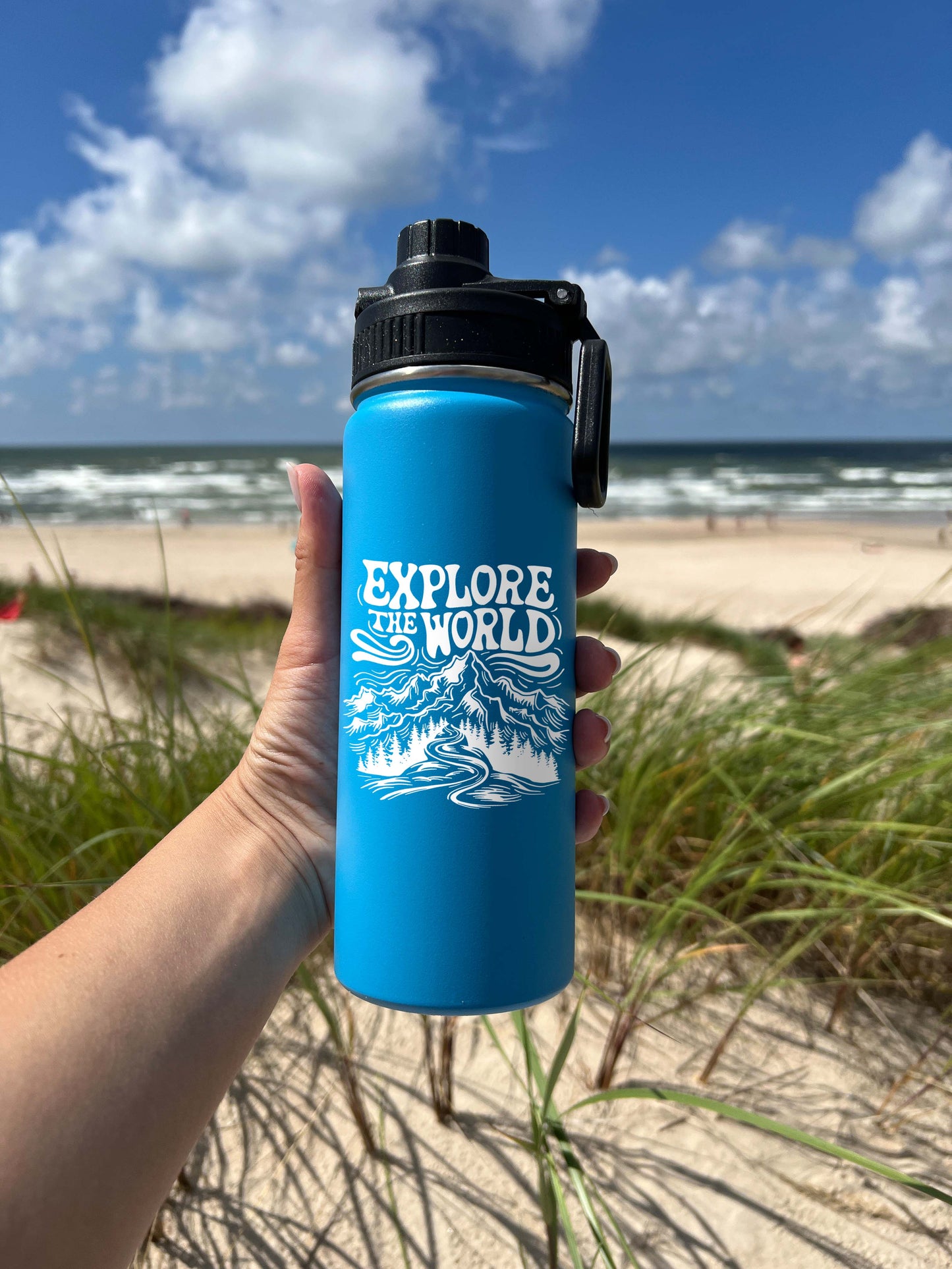 Explore the World Sports Water Bottle 18/32 oz, Traveling, Stainless Steel Insulated Flasks, Custom Water Bottle, Name Bottle, Keeps Cold 24 Hrs