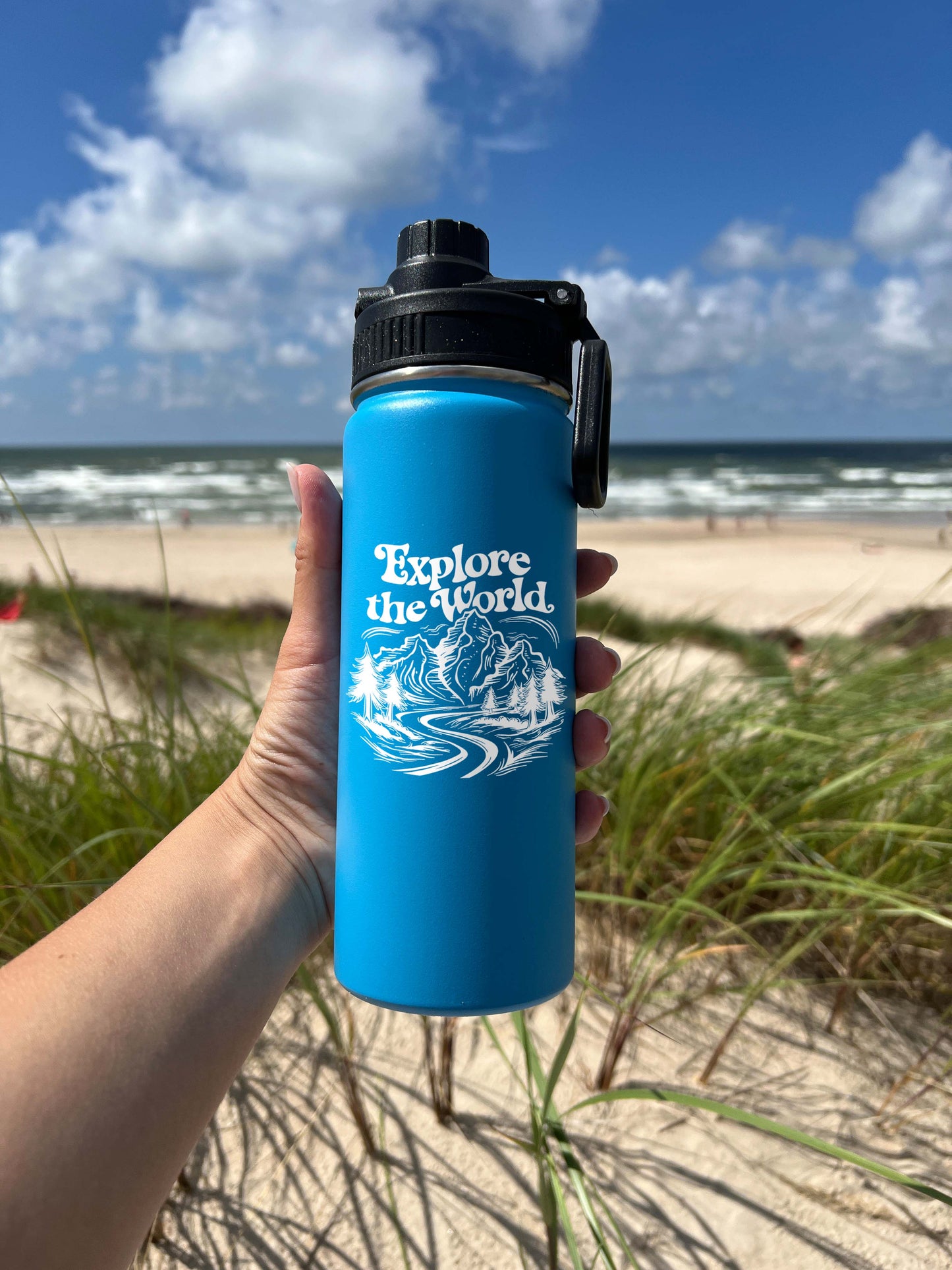 Explore the World Sports Water Bottle 18/32 oz, Traveling, Stainless Steel Insulated Flasks, Custom Water Bottle, Name Bottle, Keeps Cold 24 Hrs