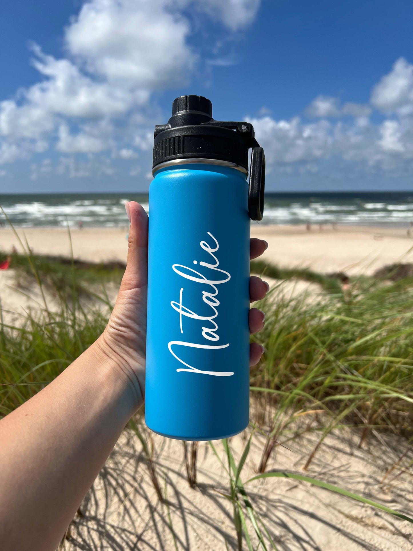 Cute Beach Water Bottle Sports Water Bottle 18/32 oz Cursive Font Stainless Steel Insulated Flasks, Custom Water Bottle, Name Bottle, Keeps Cold 24 Hrs