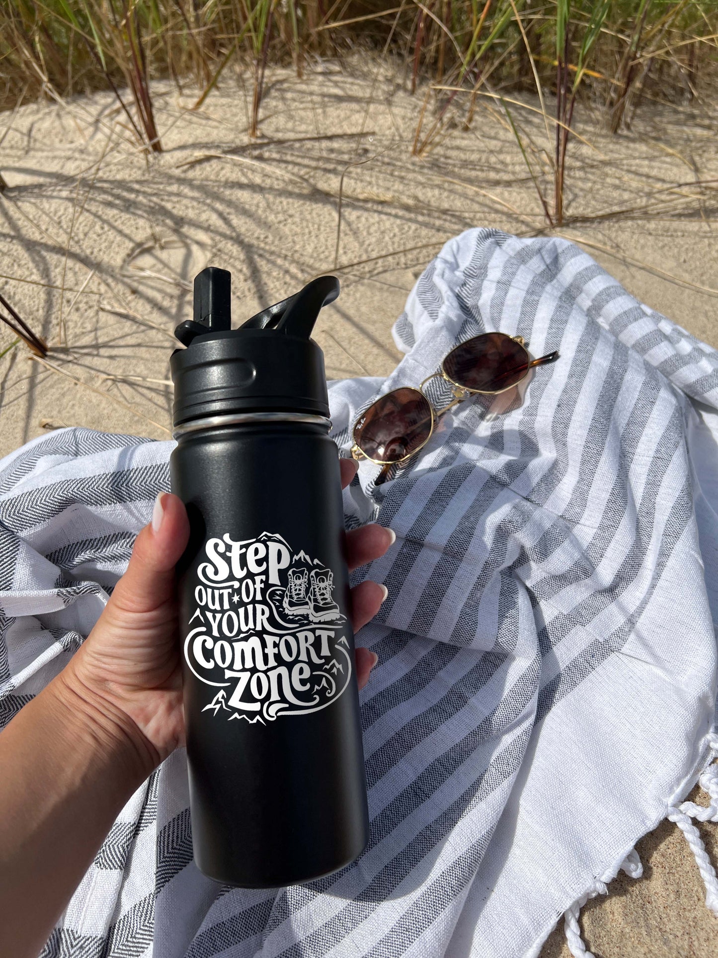 Out of Comfort Zone Sports Water Bottle 18/32 oz, Traveling, Stainless Steel Insulated Flasks, Custom Water Bottle, Name Bottle, Keeps Cold 24 Hrs