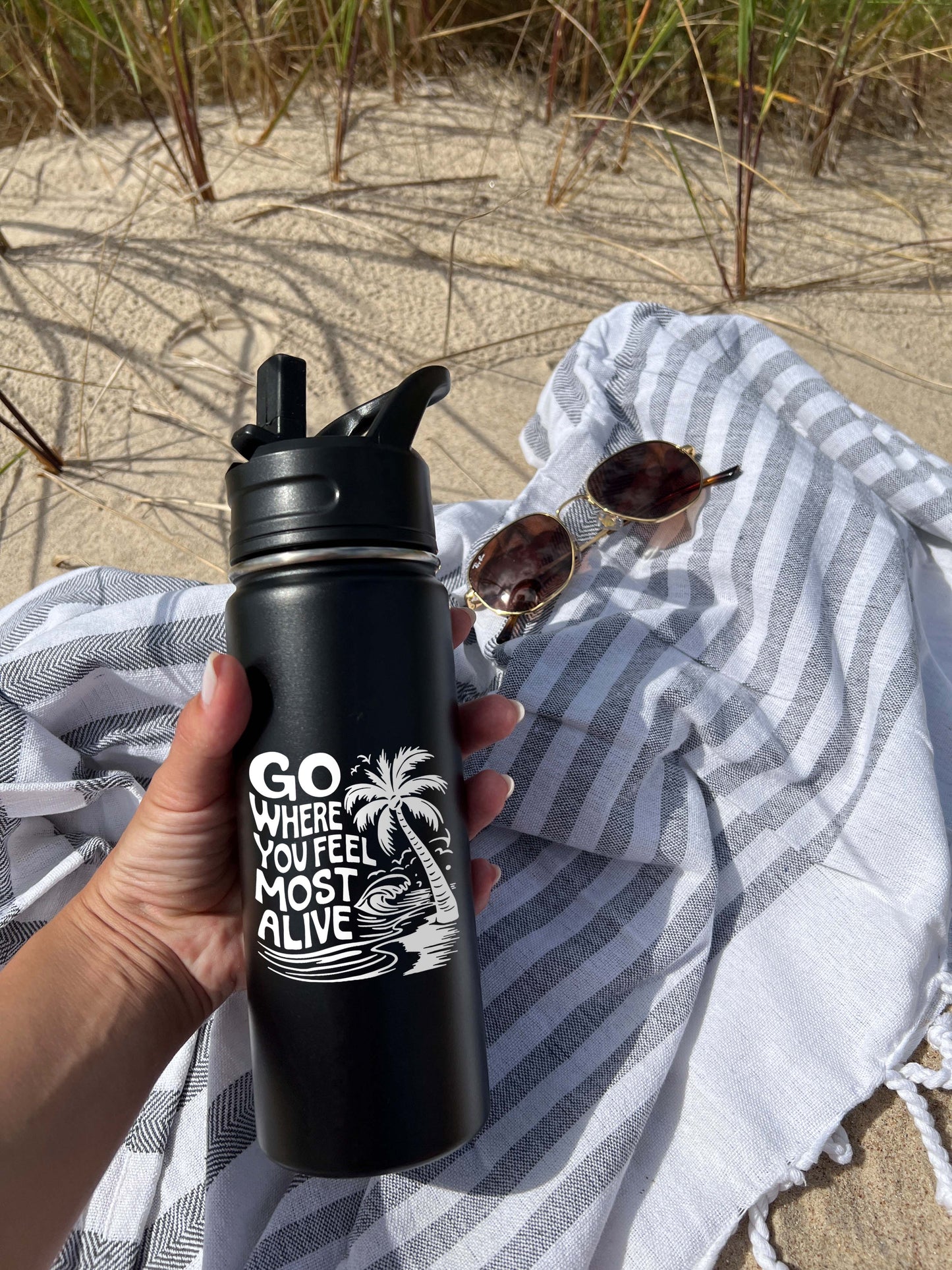 Go where you feel most alive Sports Water Bottle 18/32 oz, Traveling, Stainless Steel Insulated Flasks, Custom Water Bottle, Name Bottle, Keeps Cold 24 Hrs