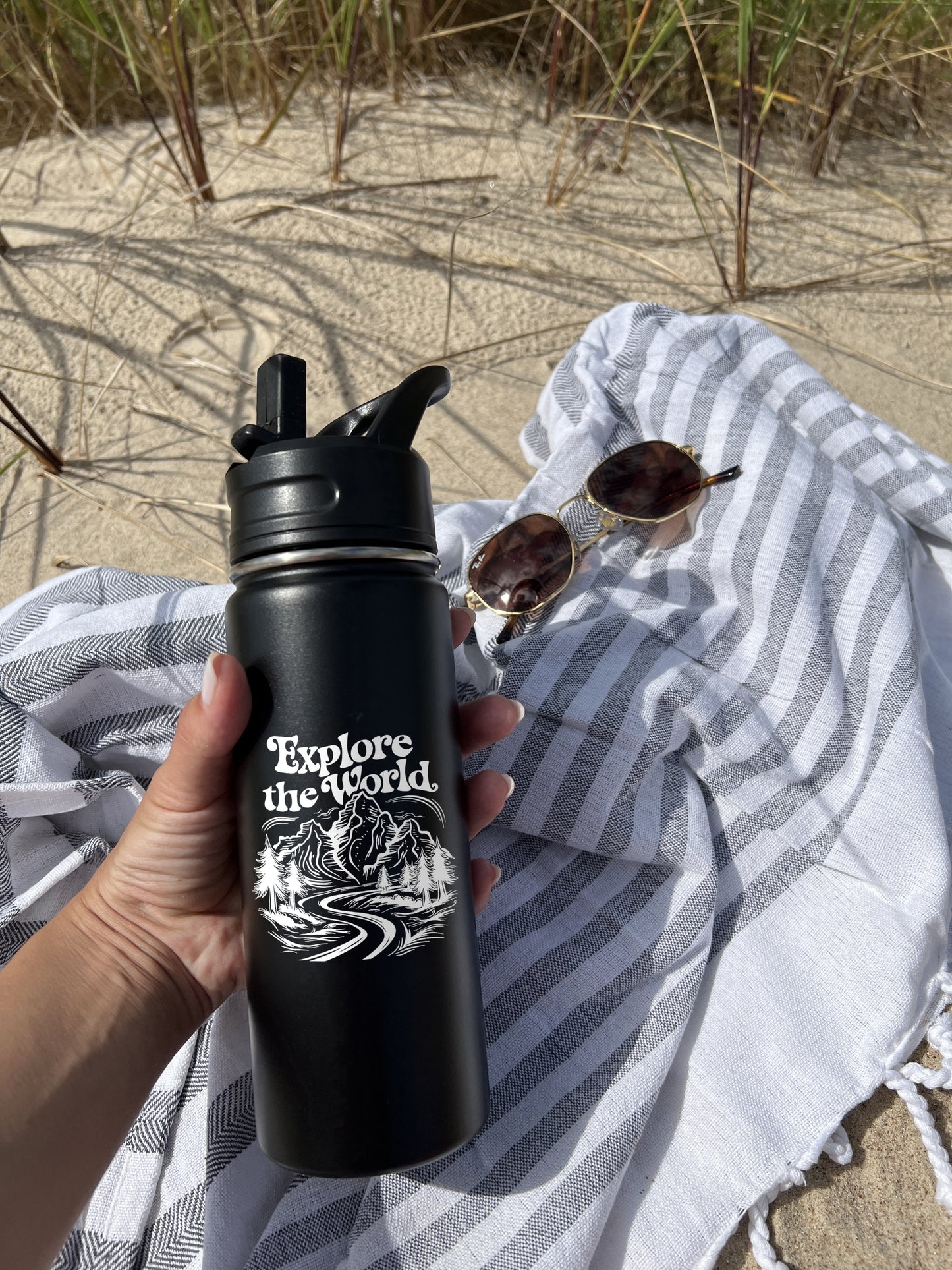 Explore the World Sports Water Bottle 18/32 oz, Traveling, Stainless Steel Insulated Flasks, Custom Water Bottle, Name Bottle, Keeps Cold 24 Hrs