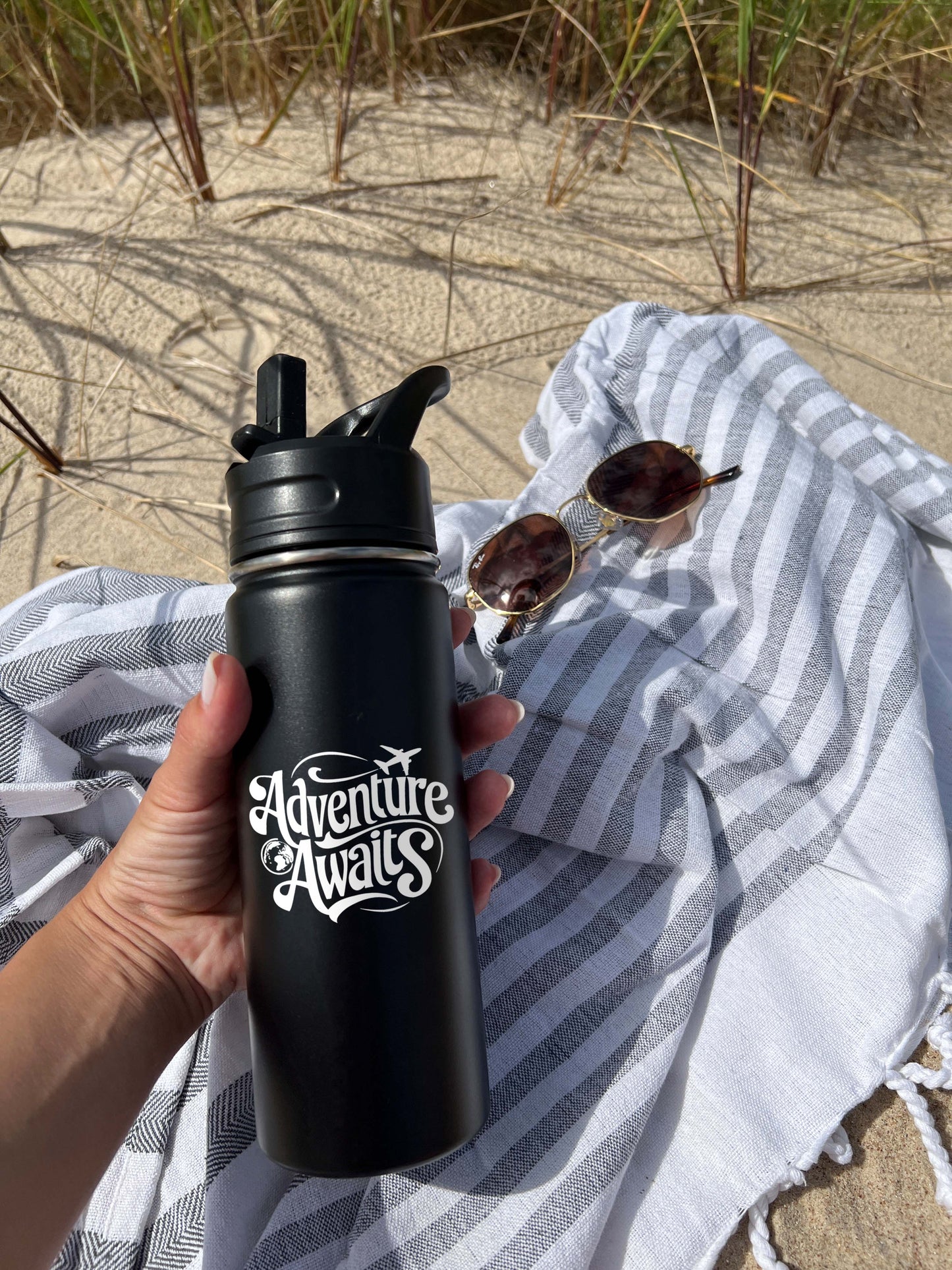 Adventure Awaits Sports Water Bottle 18/32 oz, Traveling, Stainless Steel Insulated Flasks, Custom Water Bottle, Name Bottle, Keeps Cold 24 Hrs