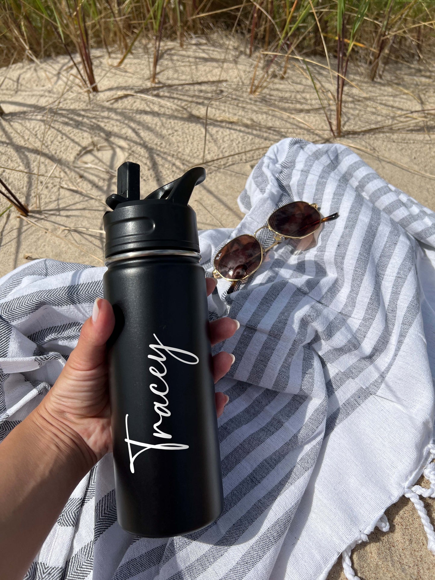 Cute Beach Water Bottle Sports Water Bottle 18/32 oz Cursive Font Stainless Steel Insulated Flasks, Custom Water Bottle, Name Bottle, Keeps Cold 24 Hrs