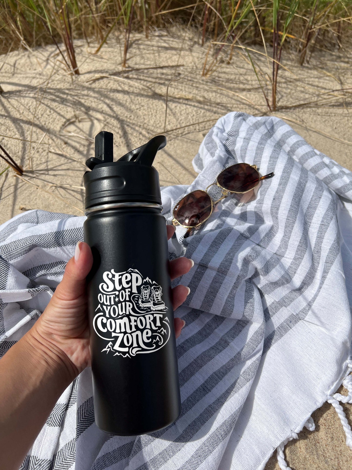 Step out of Comfort Zone Sports Water Bottle 18/32 oz, Traveling, Stainless Steel Insulated Flasks, Custom Water Bottle, Name Bottle, Keeps Cold 24 Hrs