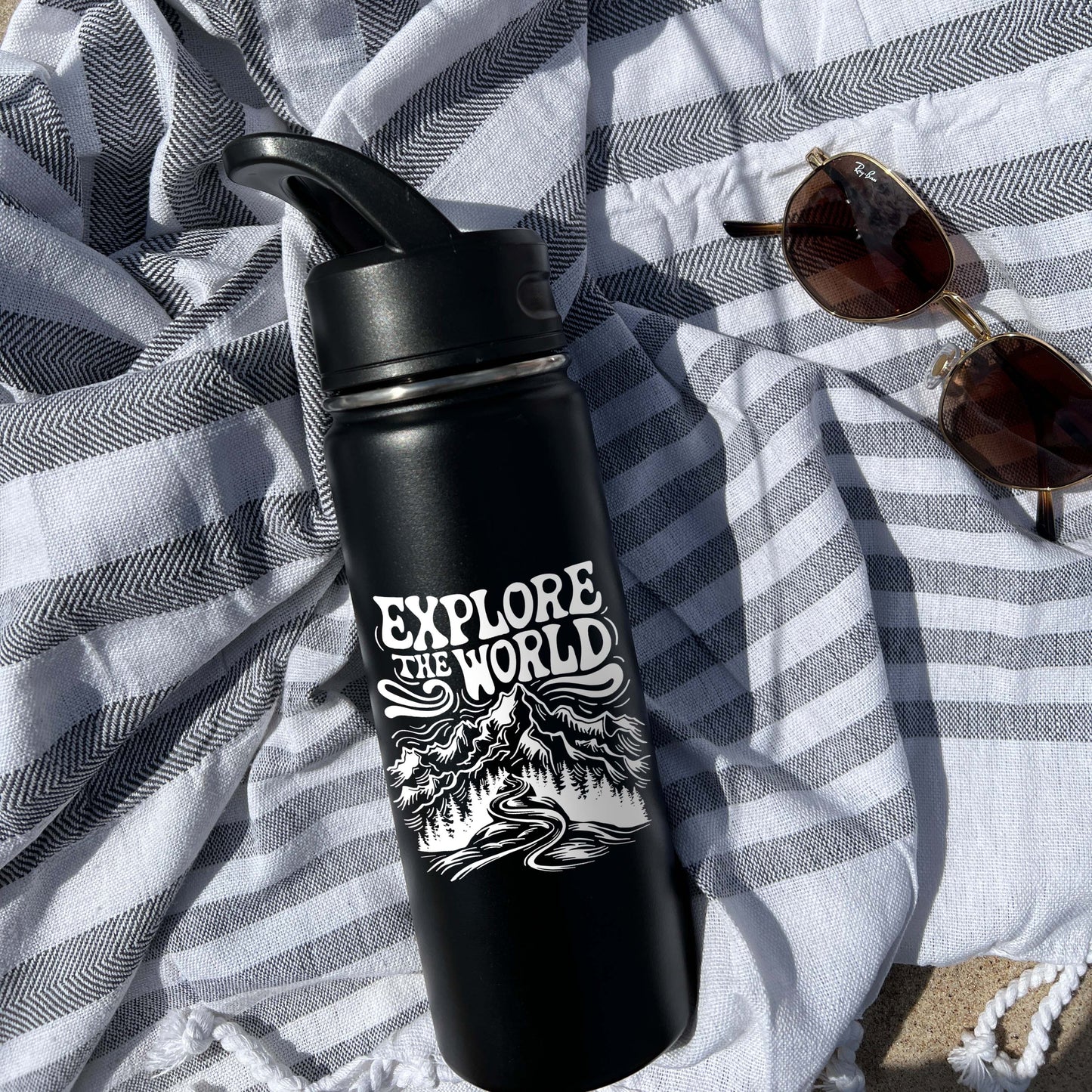 Explore the World Sports Water Bottle 18/32 oz, Traveling, Stainless Steel Insulated Flasks, Custom Water Bottle, Name Bottle, Keeps Cold 24 Hrs
