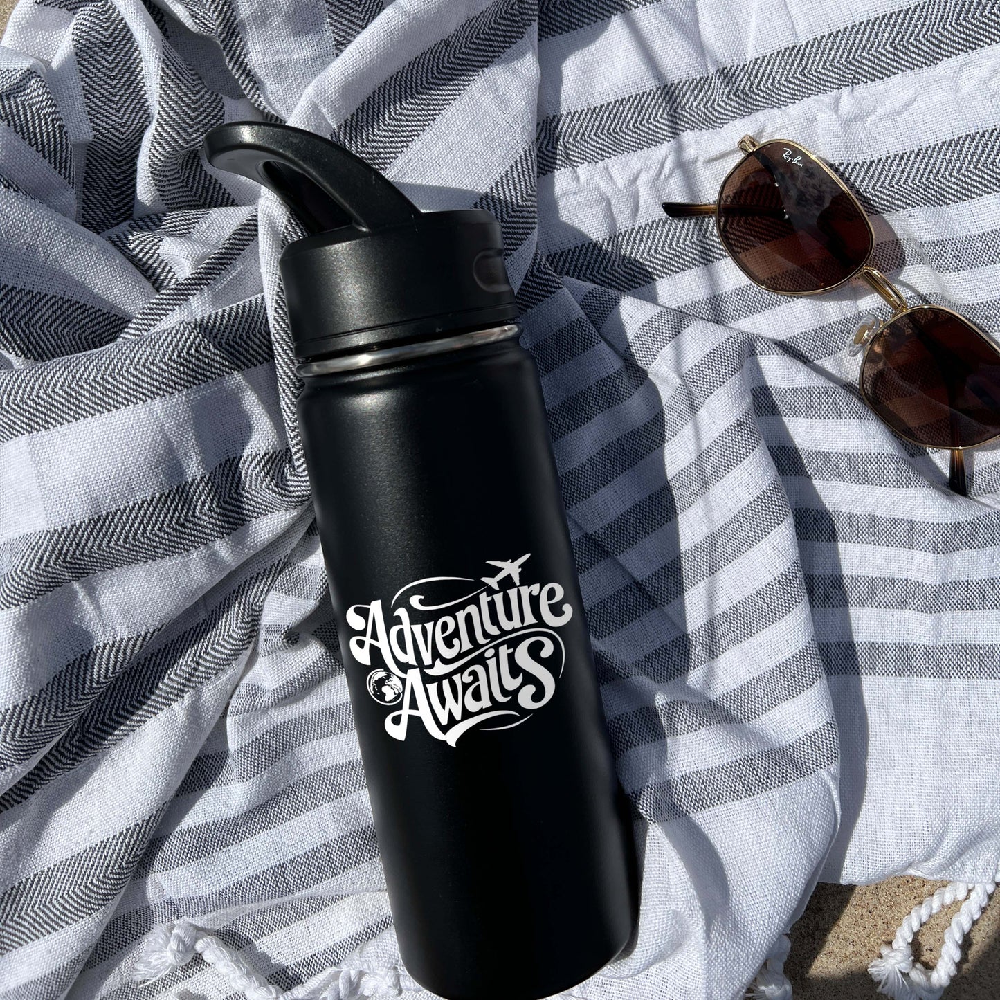 Adventure Awaits Sports Water Bottle 18/32 oz, Traveling, Stainless Steel Insulated Flasks, Custom Water Bottle, Name Bottle, Keeps Cold 24 Hrs