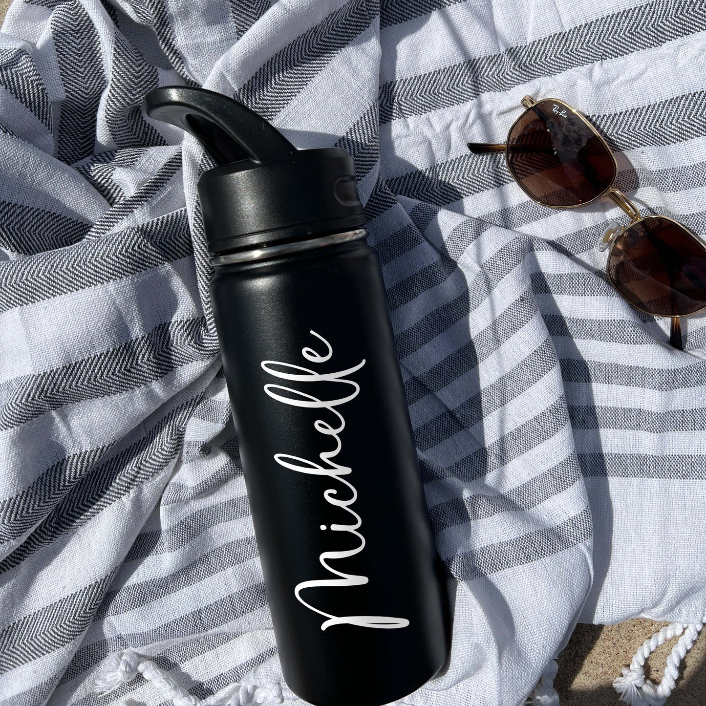 Cute Beach Water Bottle Sports Water Bottle 18/32 oz Cursive Font Stainless Steel Insulated Flasks, Custom Water Bottle, Name Bottle, Keeps Cold 24 Hrs