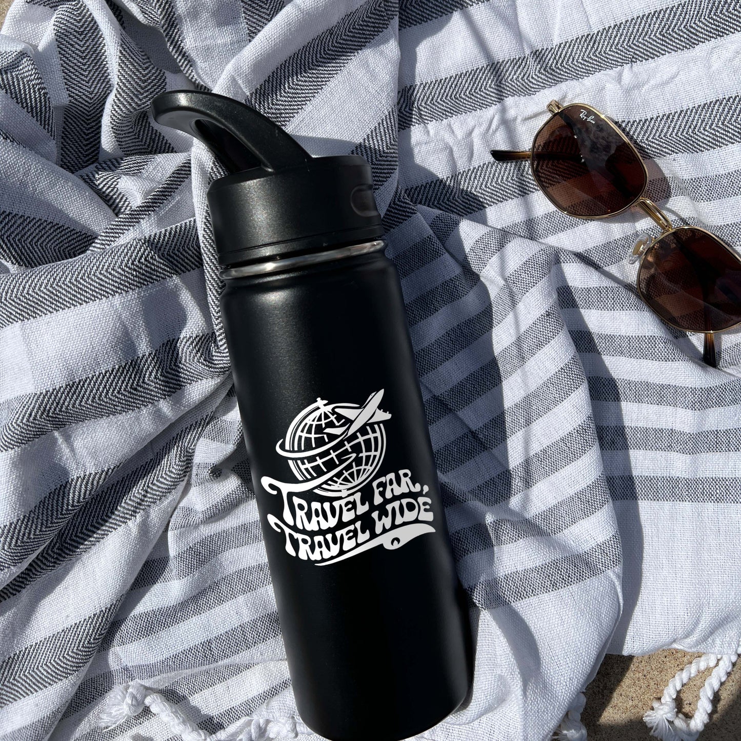 Traveling around World Sports Water Bottle 18/32 oz, Stainless Steel Insulated Flasks, Custom Water Bottle, Name Bottle, Keeps Cold 24 Hrs