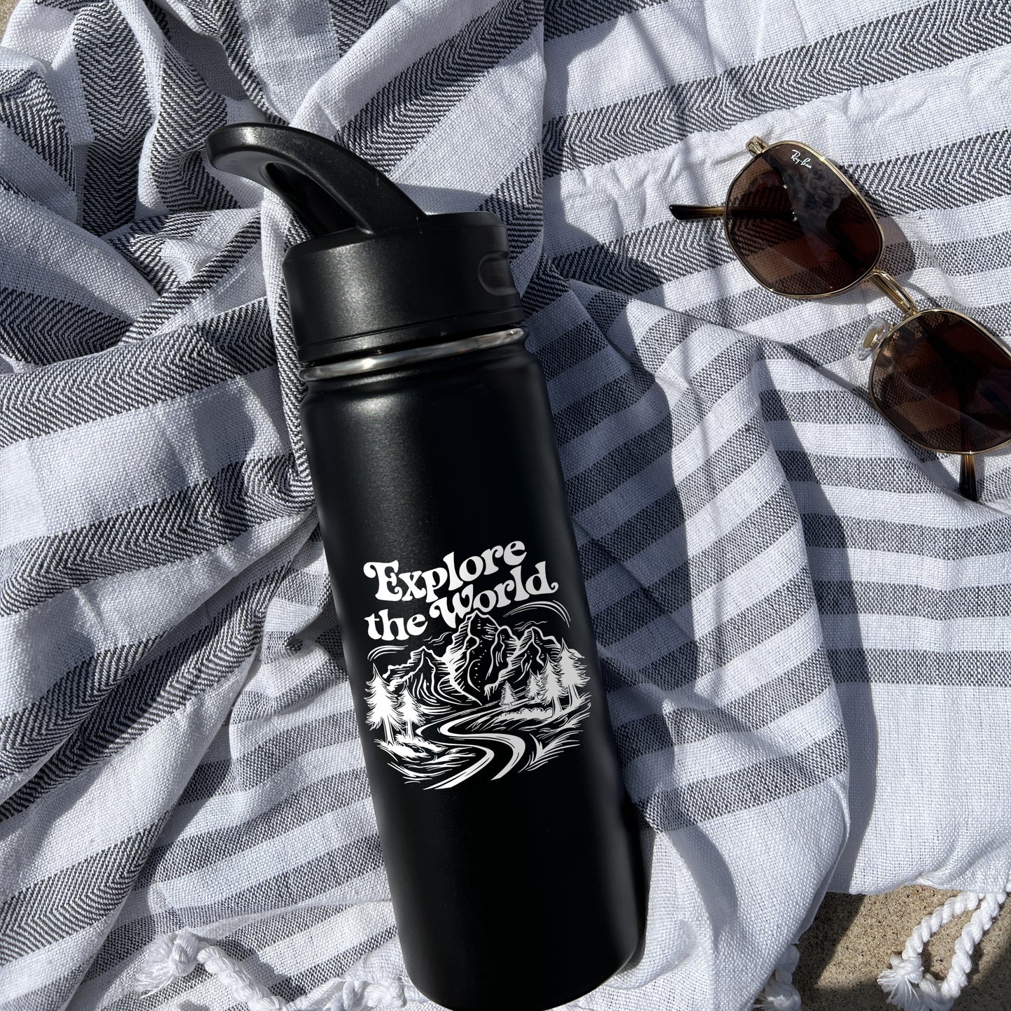 Explore the World Sports Water Bottle 18/32 oz, Traveling, Stainless Steel Insulated Flasks, Custom Water Bottle, Name Bottle, Keeps Cold 24 Hrs